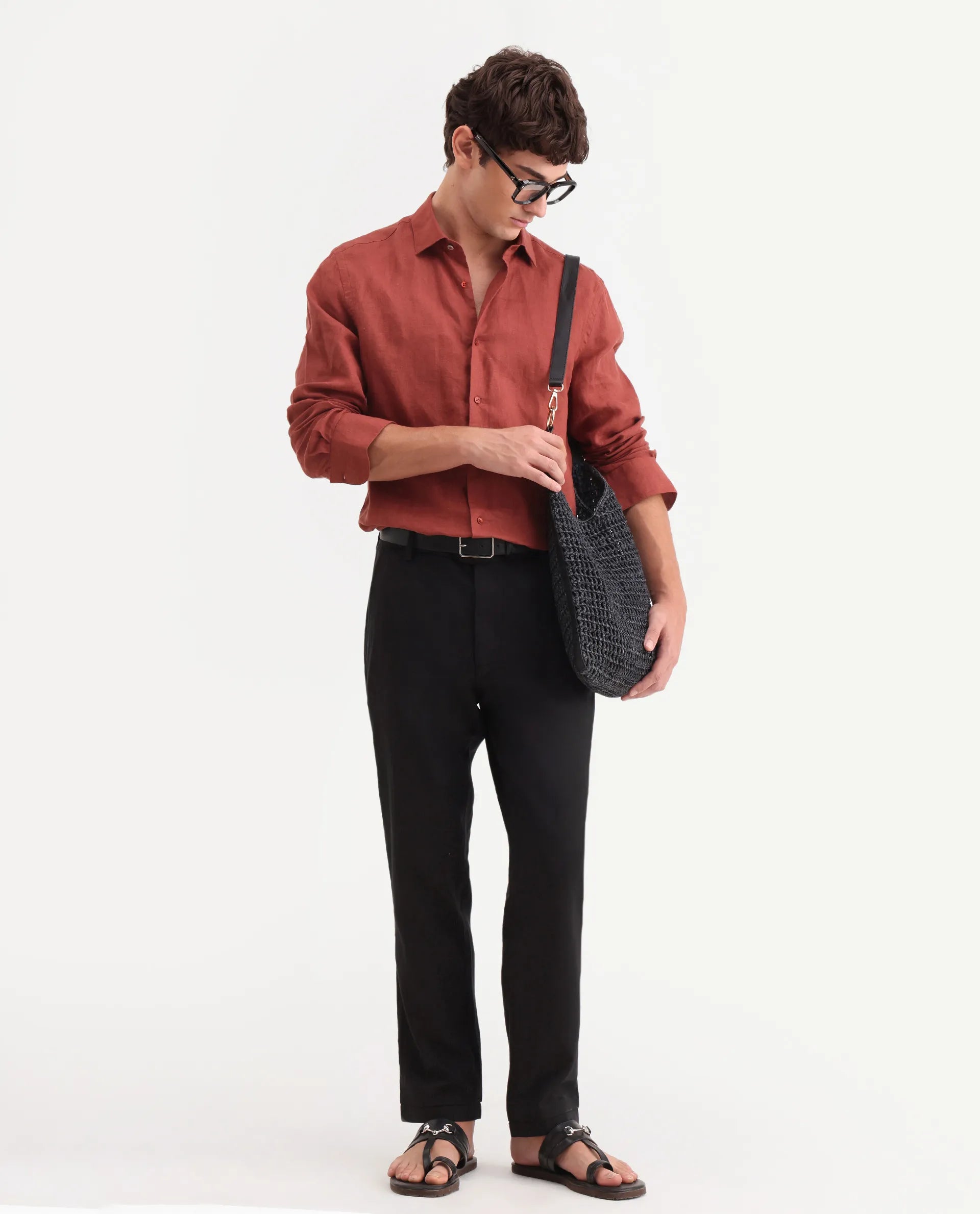 Rare Rabbit Men's Linol-T Black Linen Blend Fabric Regular Fit Drawstring Plain Trouser
