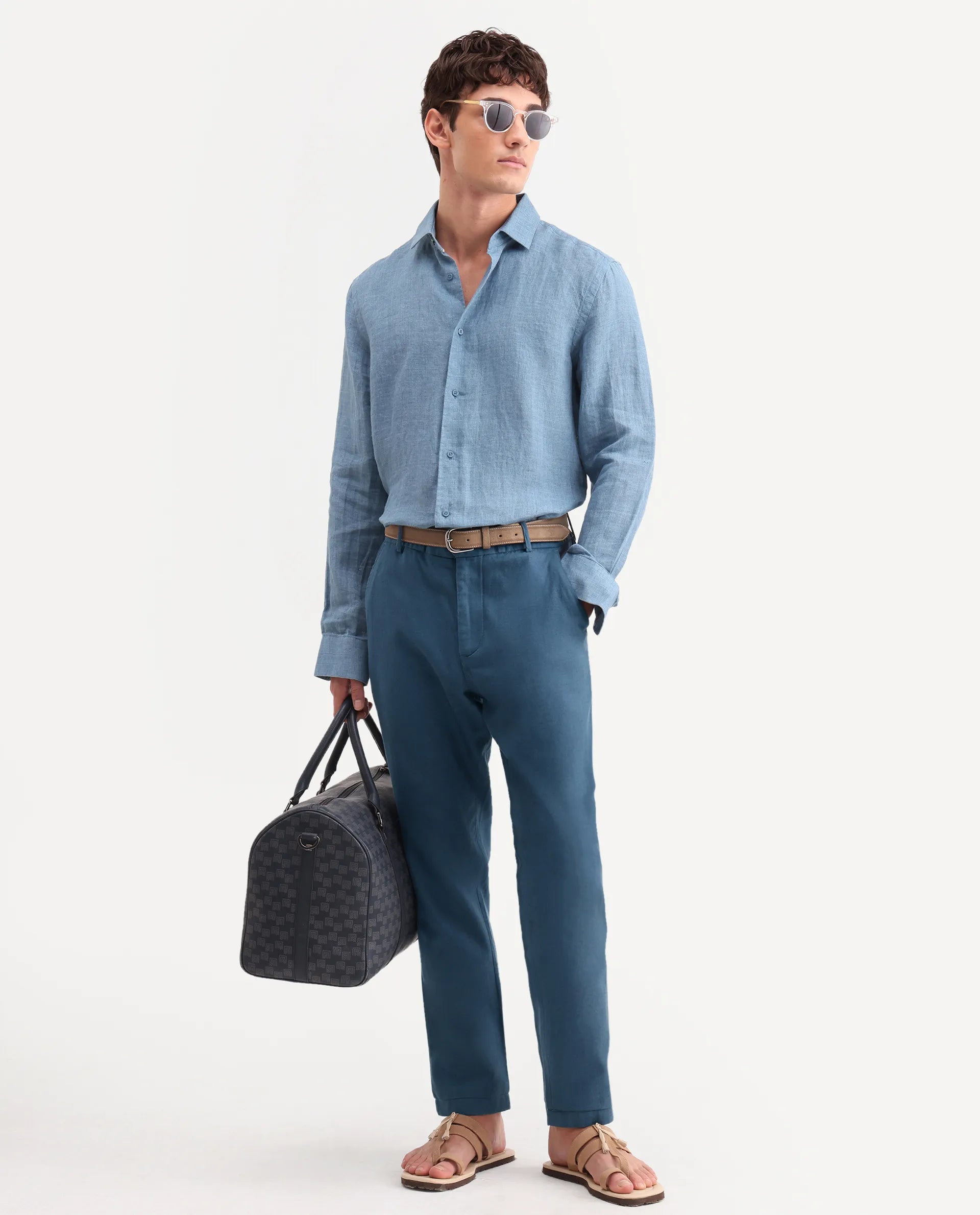 Rare Rabbit Men's Linol-T Dusky Petrol Linen Blend Fabric Regular Fit Drawstring Plain Trouser