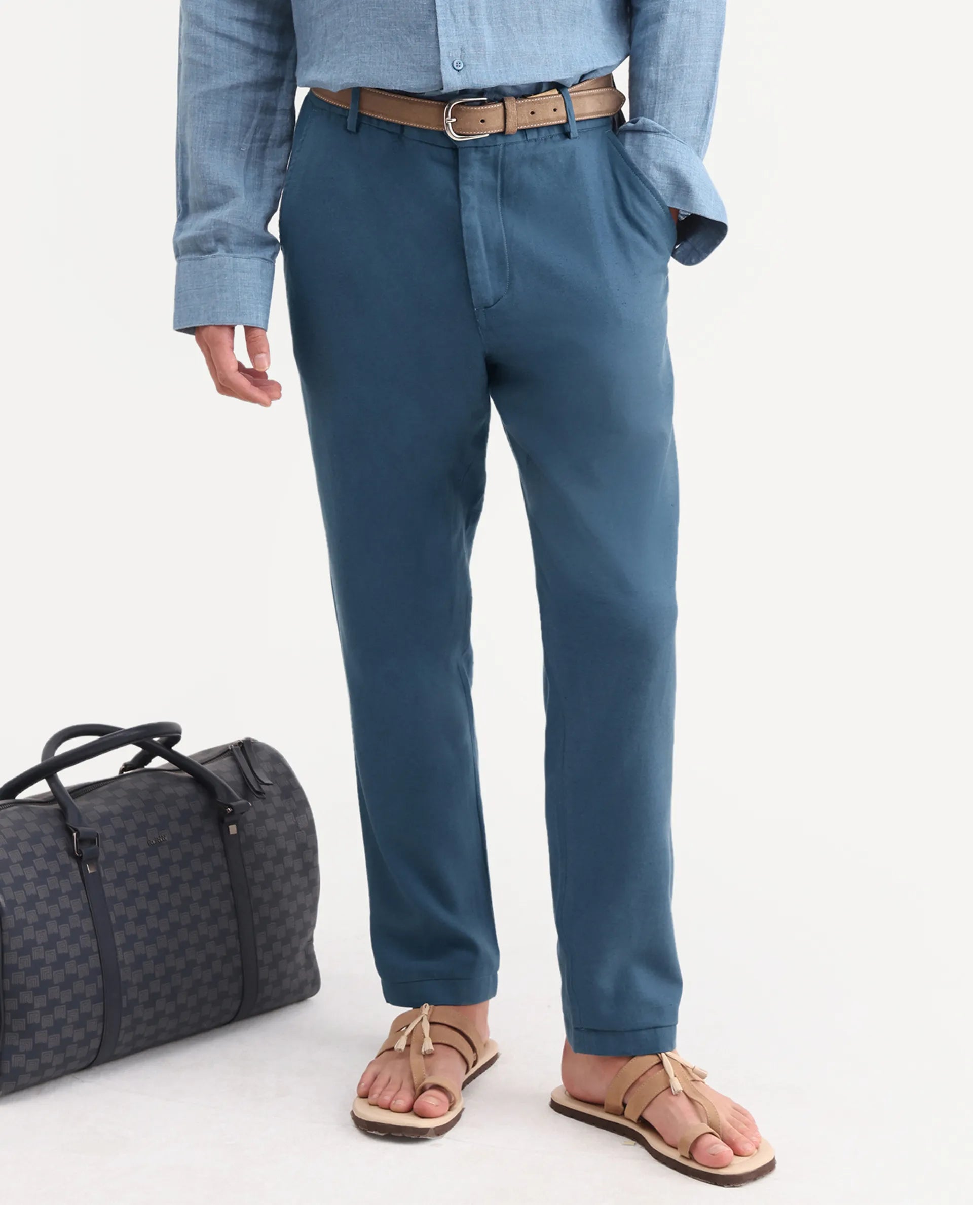 Rare Rabbit Men's Linol-T Dusky Petrol Linen Blend Fabric Regular Fit Drawstring Plain Trouser