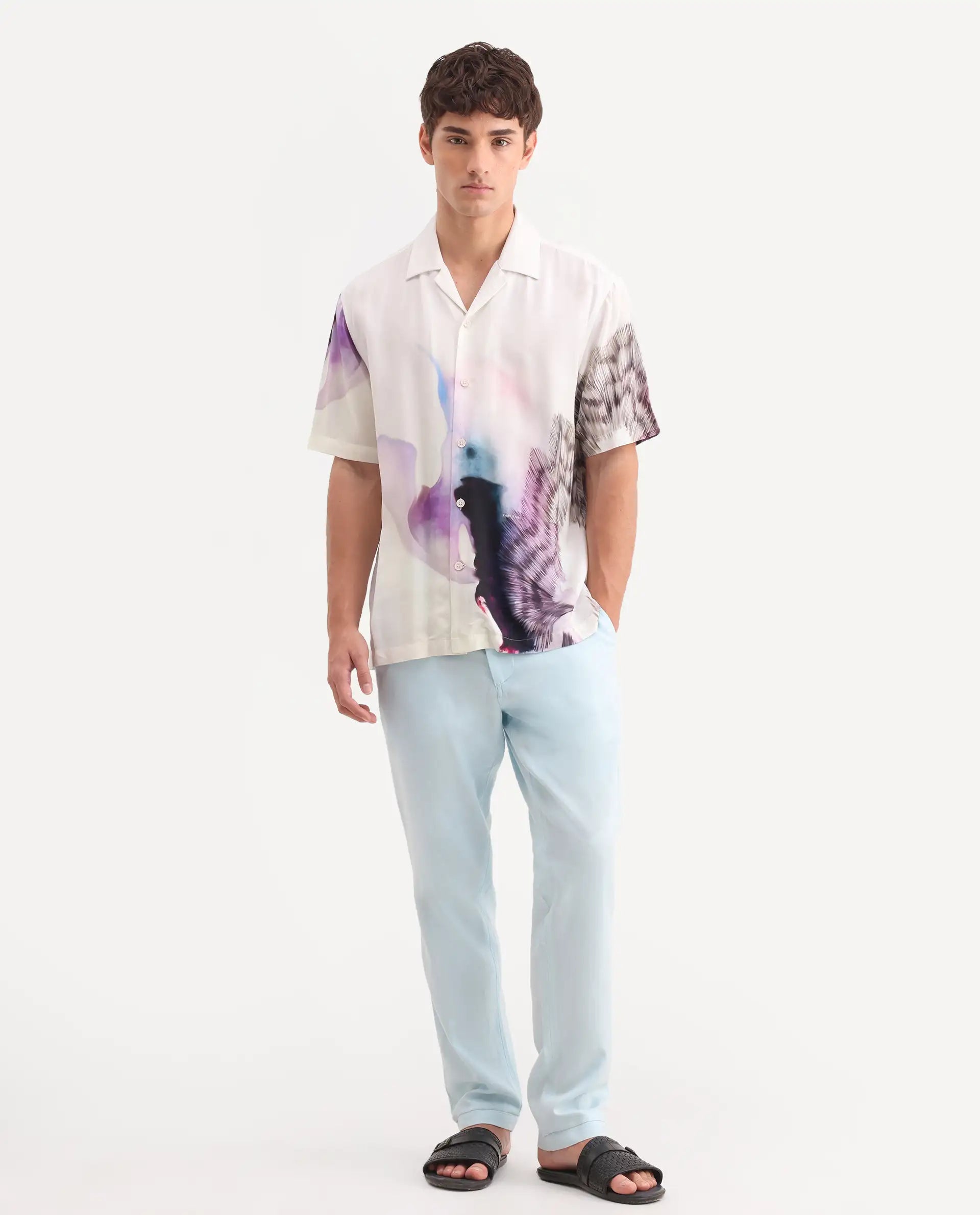 Rare Rabbit Men's Linol-T Aqua Linen Blend Fabric Regular Fit Drawstring Plain Trouser
