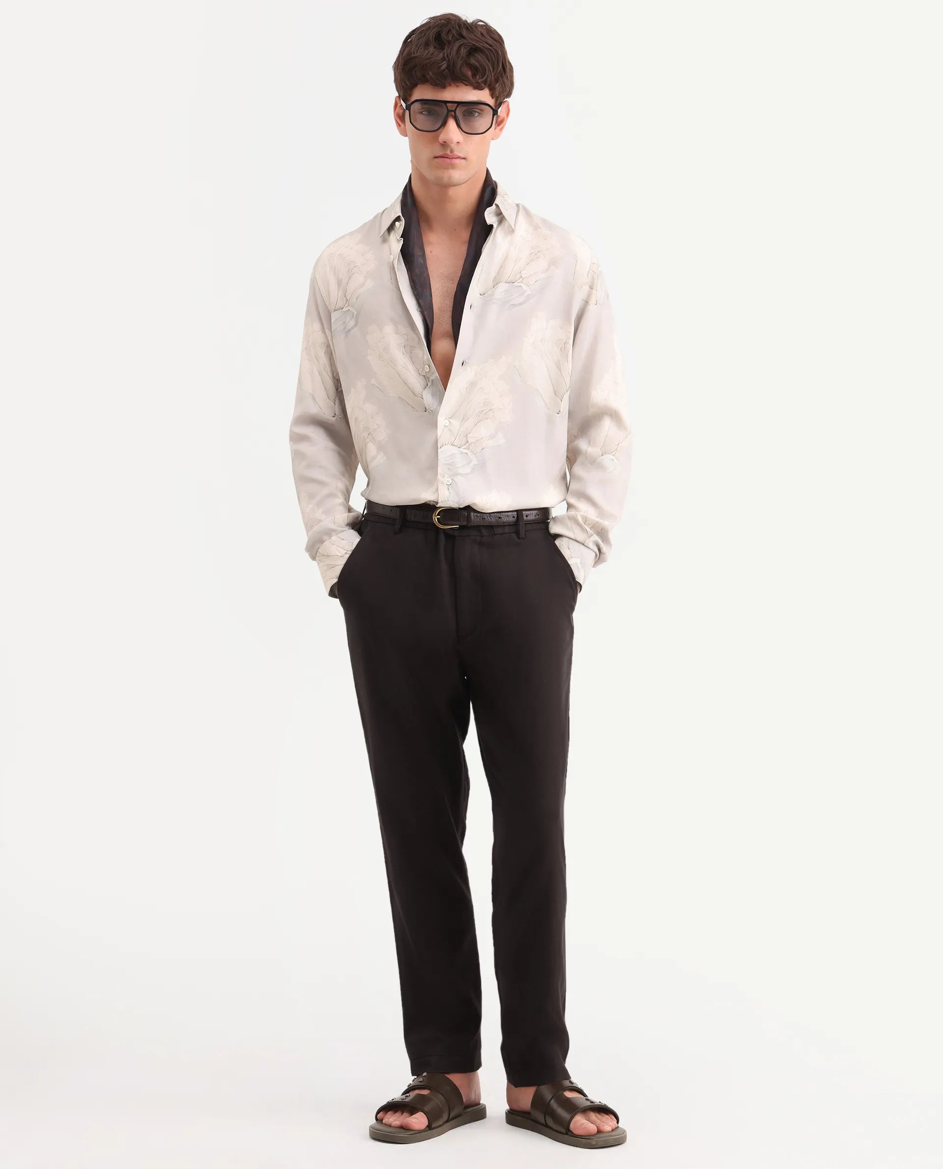 Rare Rabbit Men's Linol-T Dark Brown Linen Blend Fabric Regular Fit Drawstring Plain Trouser