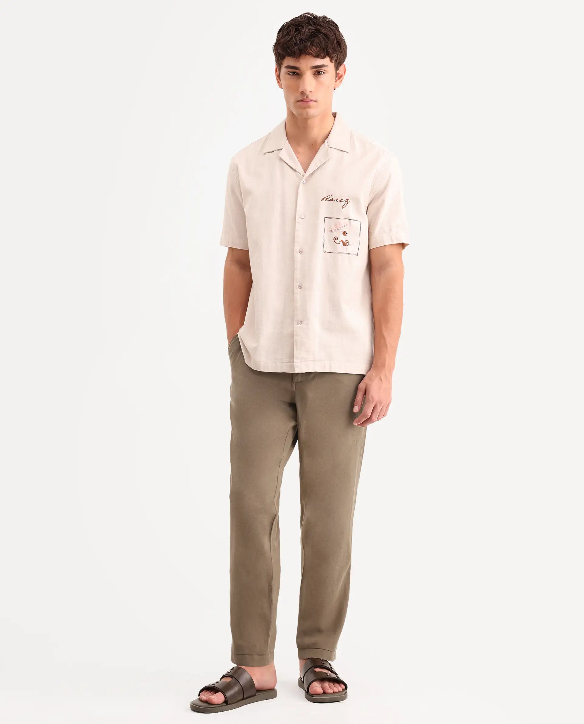 Rare Rabbit Men's Linol-T Khaki Linen Blend Fabric Regular Fit Drawstring Plain Trouser