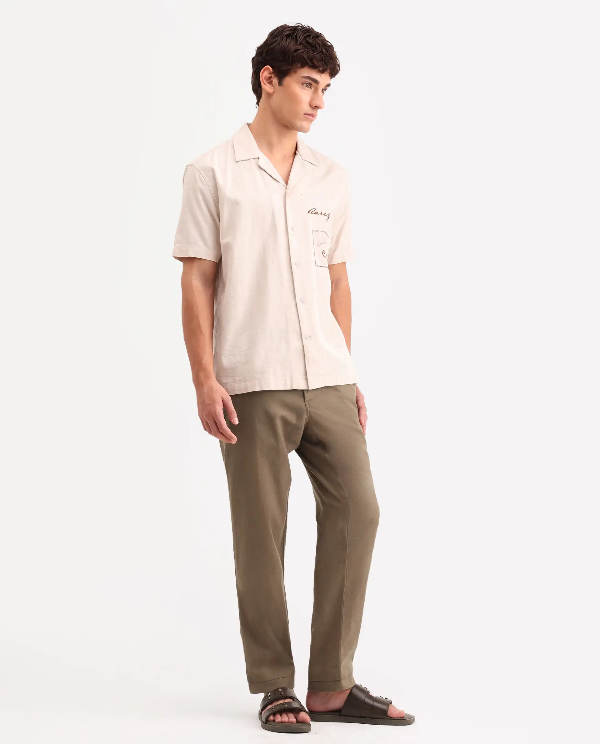 Rare Rabbit Men's Linol-T Khaki Linen Blend Fabric Regular Fit Drawstring Plain Trouser