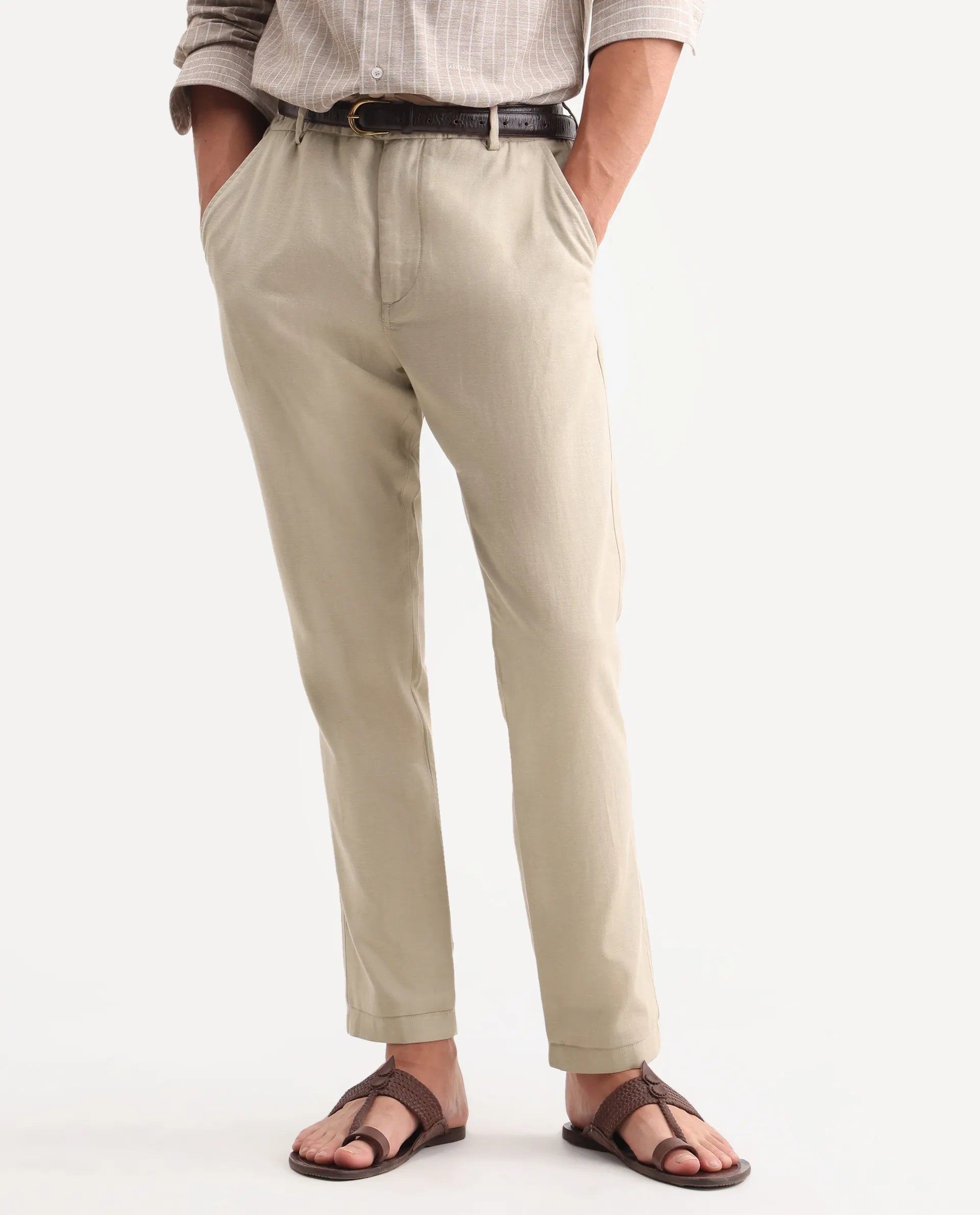 Rare Rabbit Men's Linol-T Beige Linen Blend Fabric Regular Fit Drawstring Plain Trouser