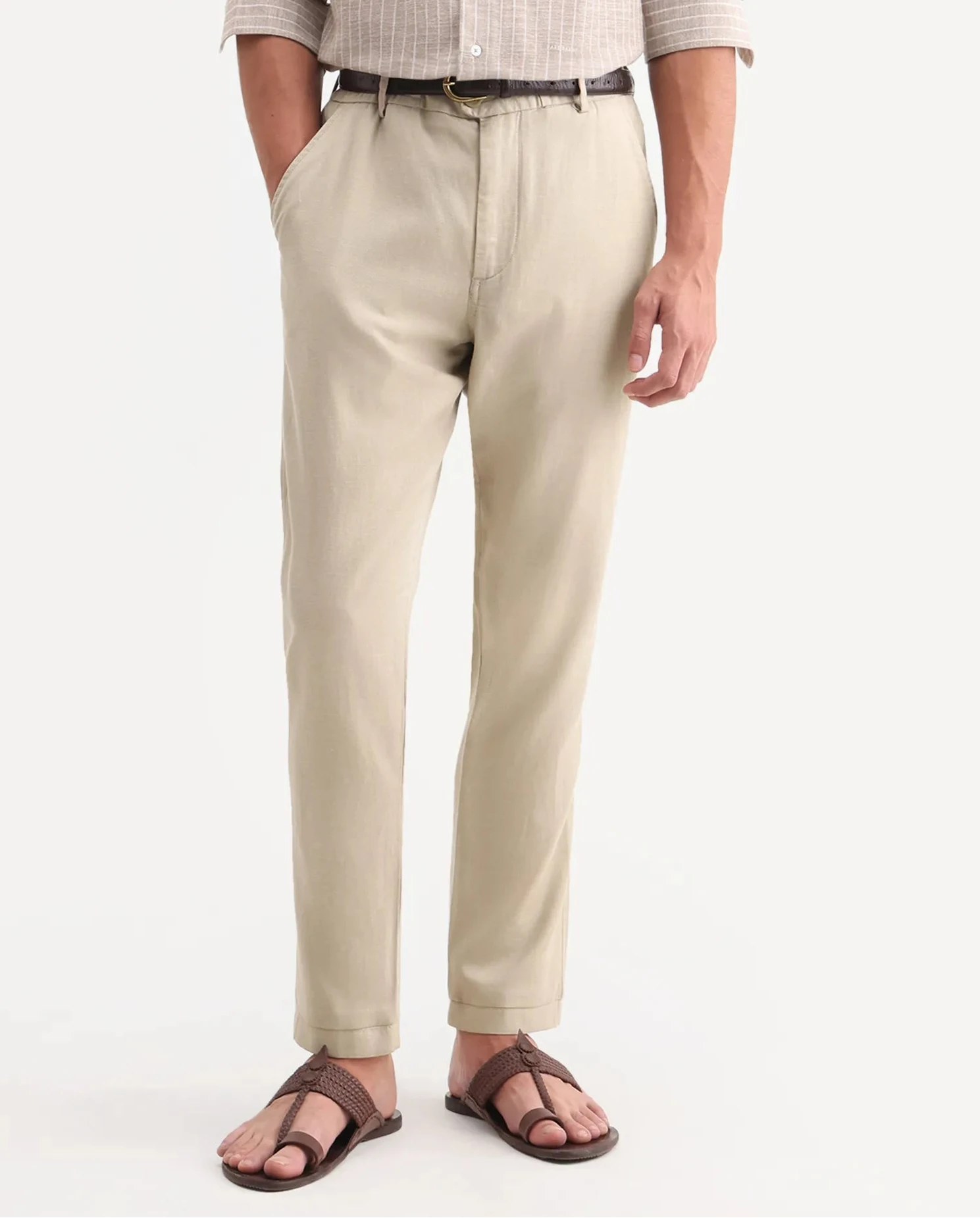 Rare Rabbit Men's Linol-T Beige Linen Blend Fabric Regular Fit Drawstring Plain Trouser