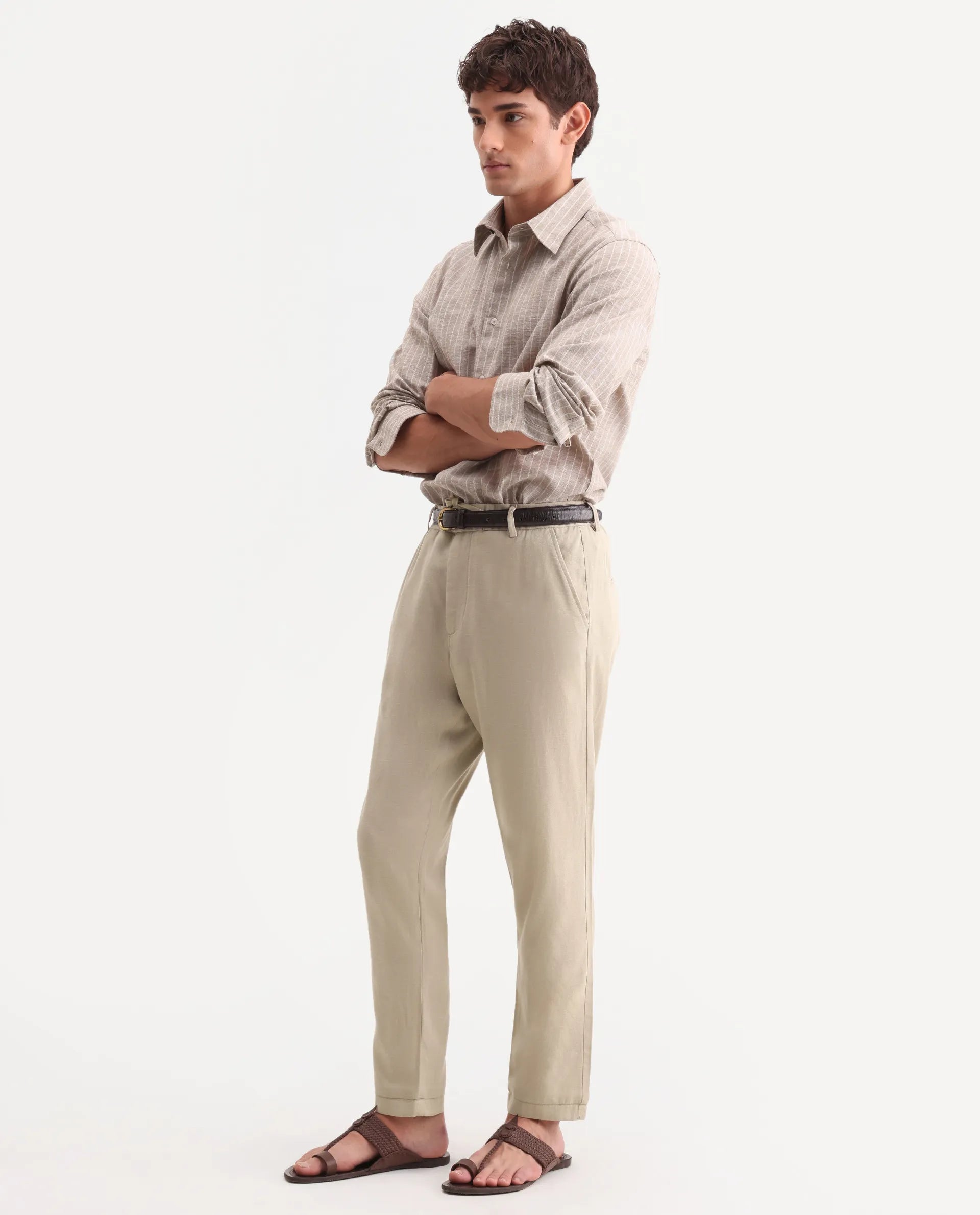 Rare Rabbit Men's Linol-T Beige Linen Blend Fabric Regular Fit Drawstring Plain Trouser