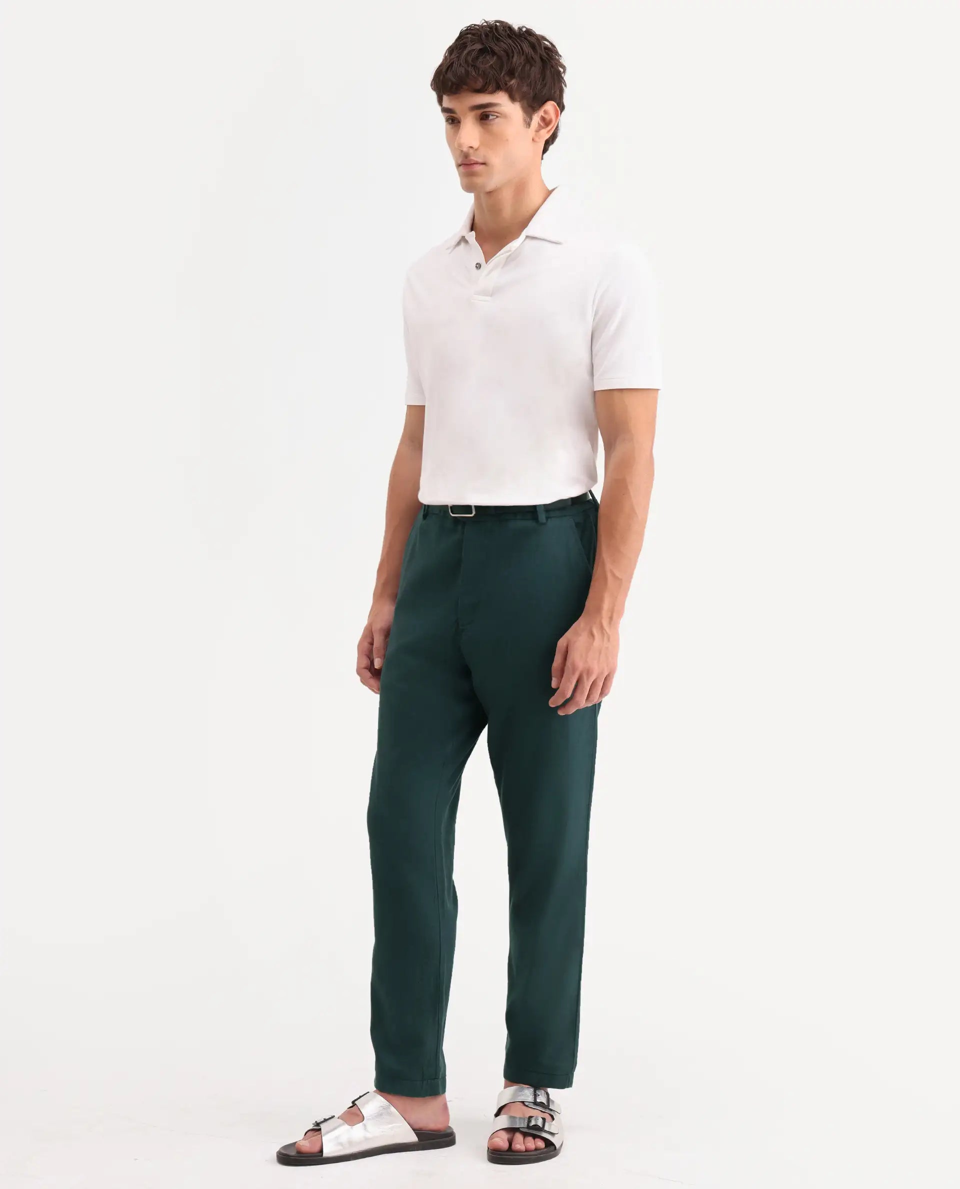 Rare Rabbit Men's Linol-T Dark Green Linen Blend Fabric Regular Fit Drawstring Plain Trouser