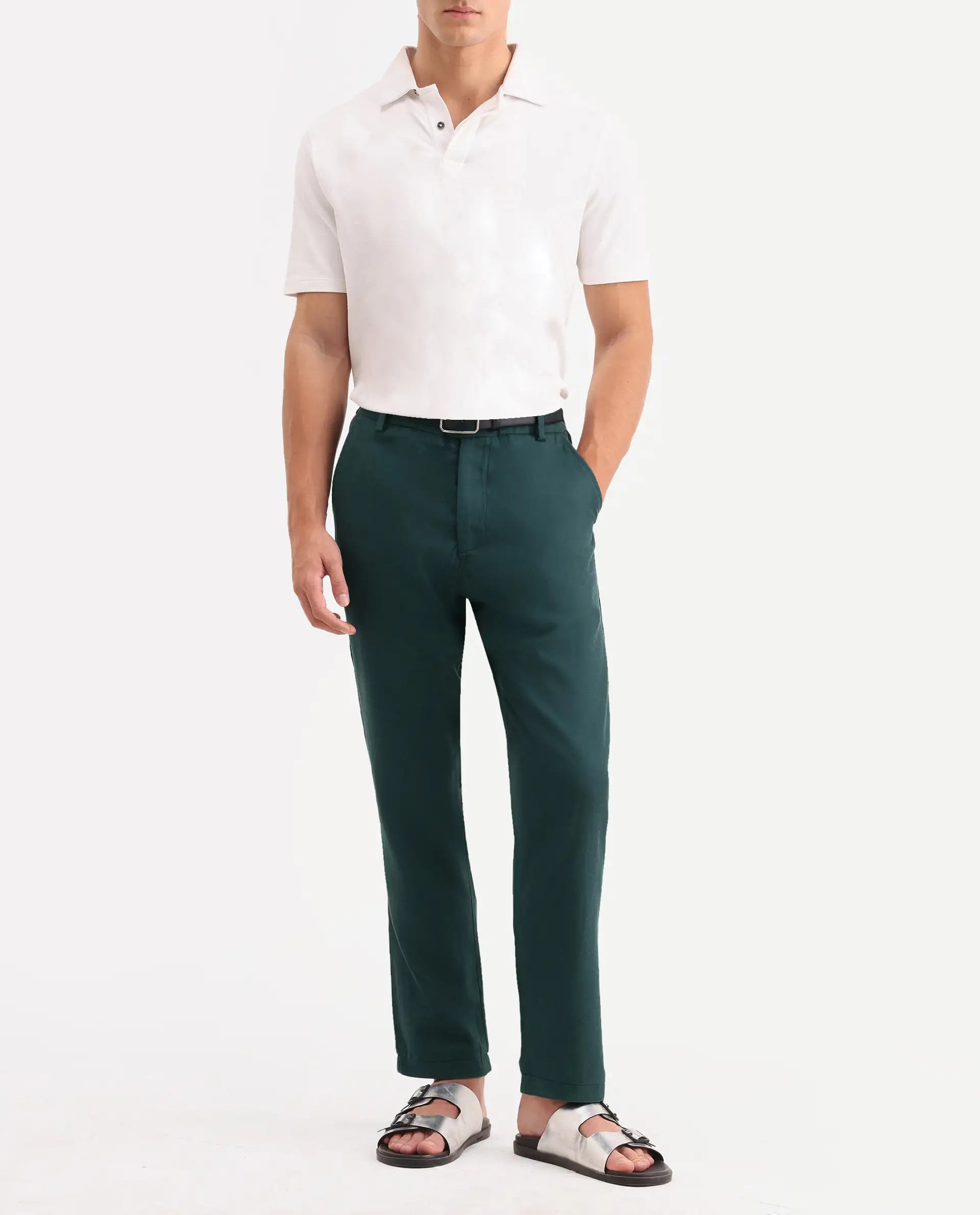 Rare Rabbit Men's Linol-T Dark Green Linen Blend Fabric Regular Fit Drawstring Plain Trouser
