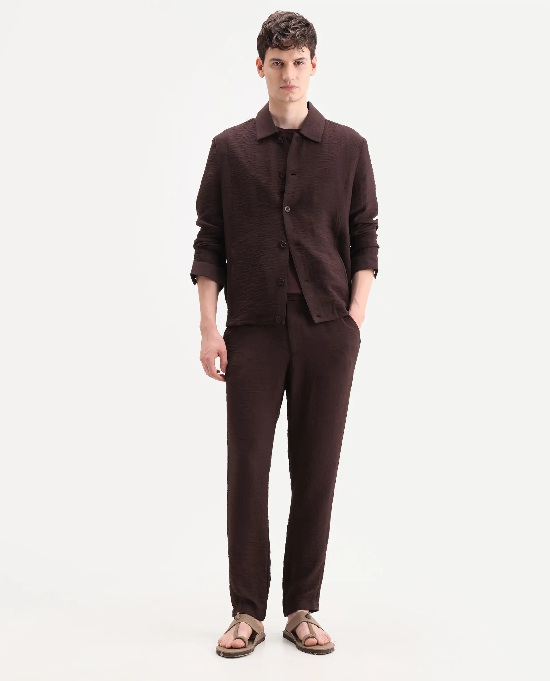 Rare Rabbit Men's Veon-T Dark Brown Viscose Blend Fabric Regular Fit Plain Trouser