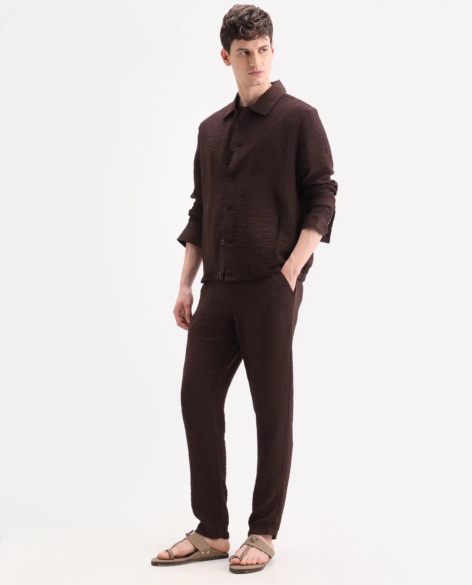 Rare Rabbit Men's Veon-T Dark Brown Viscose Blend Fabric Regular Fit Plain Trouser