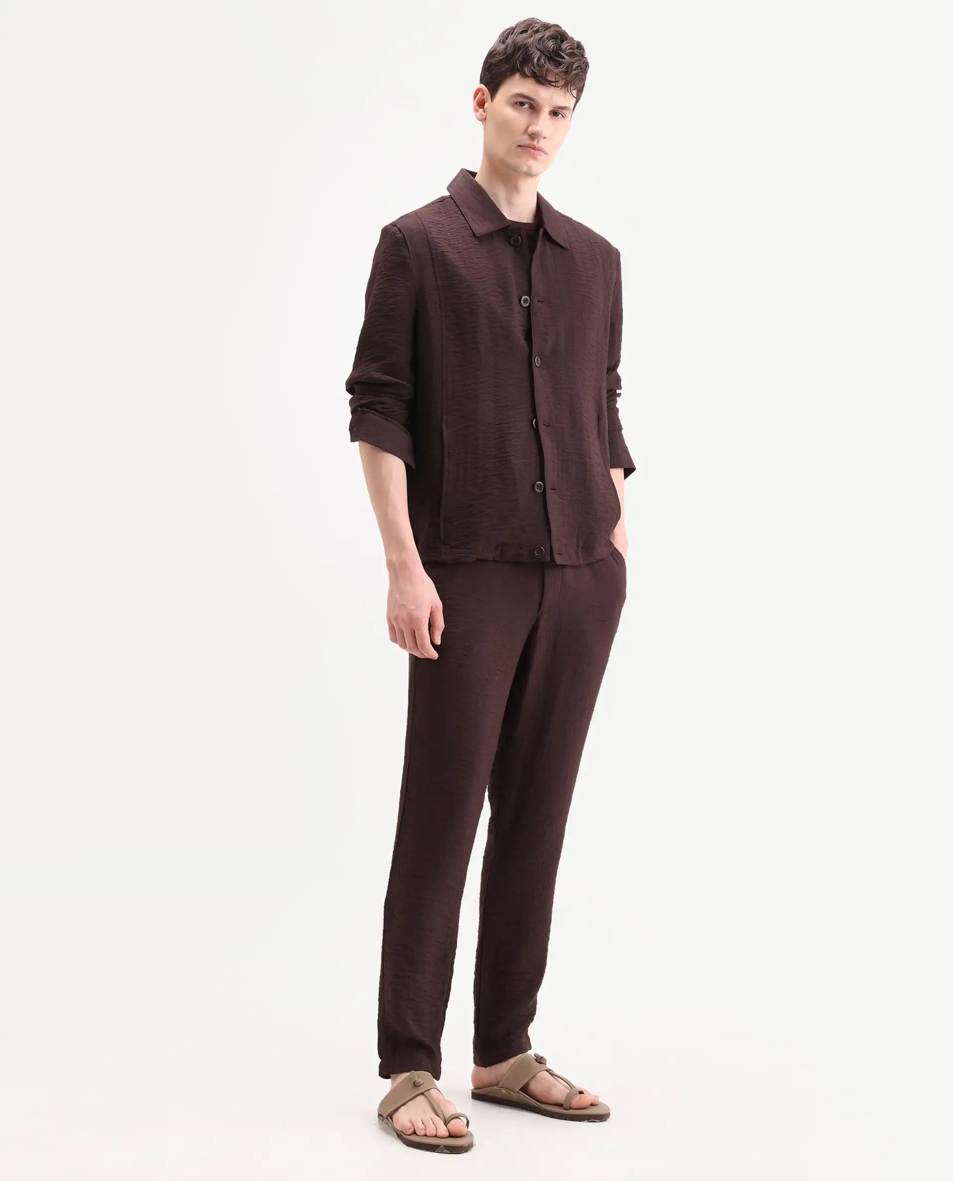 Rare Rabbit Men's Veon-T Dark Brown Viscose Blend Fabric Regular Fit Plain Trouser