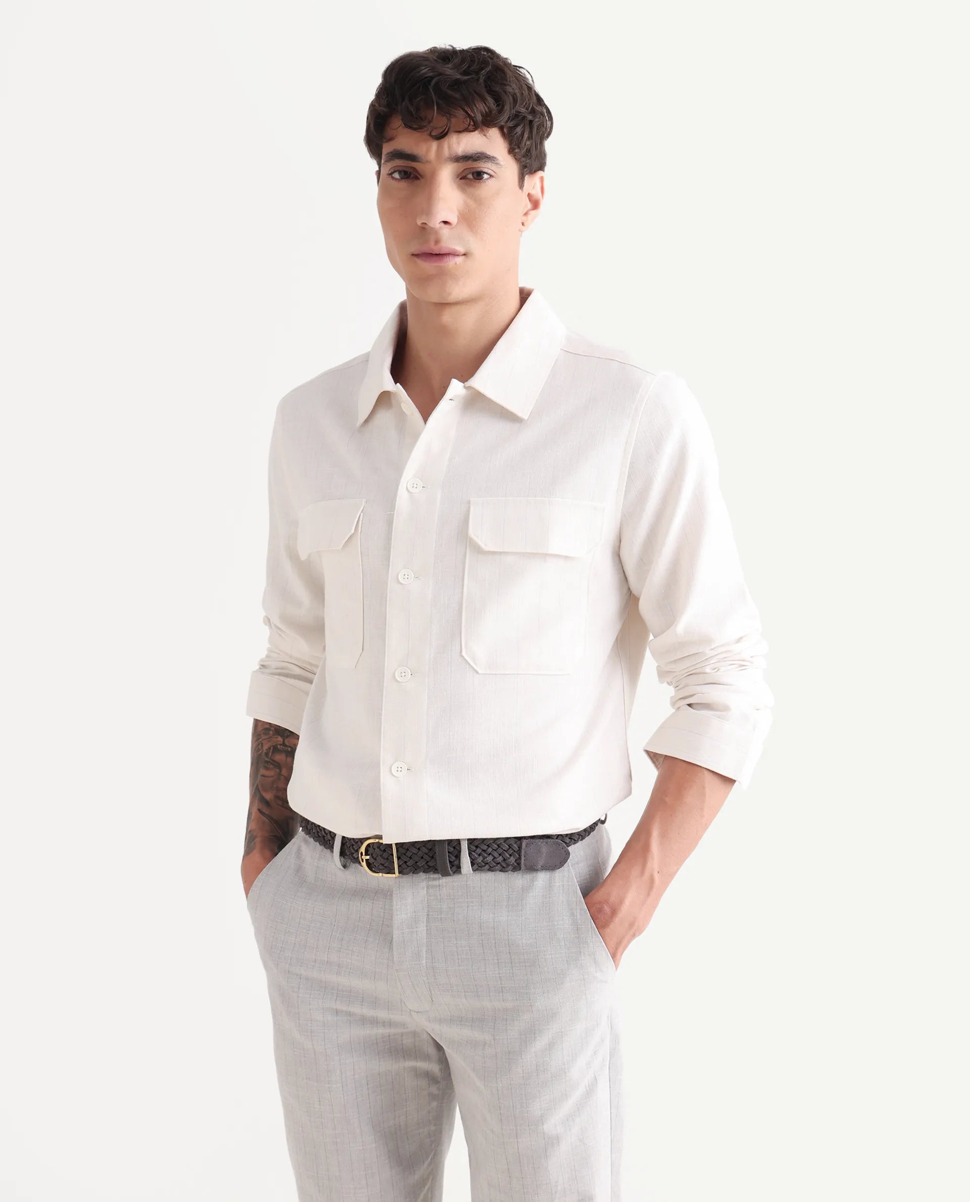 Rare Rabbit Men's Jlo-S Beige Linen Blend Fabric Full Sleeve Collared Neck Striped Shirt
