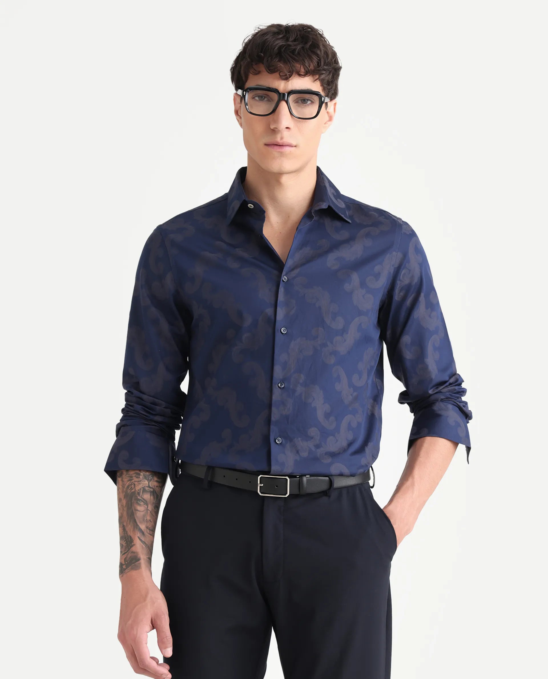 Rare Rabbit Men's Funo Blue Cotton Jacquard Regular Fit Full Sleeve Collared Shirt