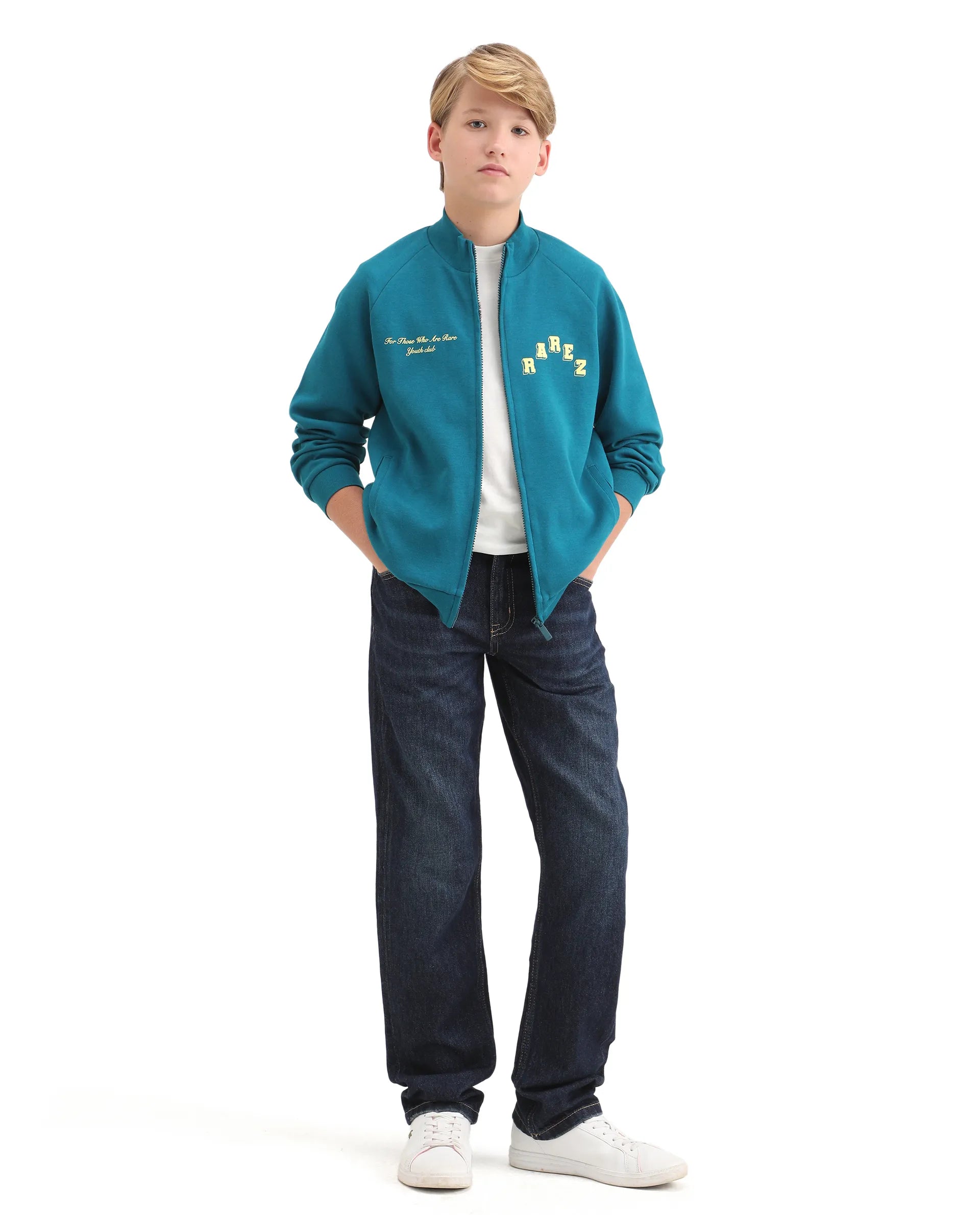 Rare Ones Kids Onyx Teal Cotton Blend Zipper Closure Solid Full Sleeves Oversized Sweatshirt