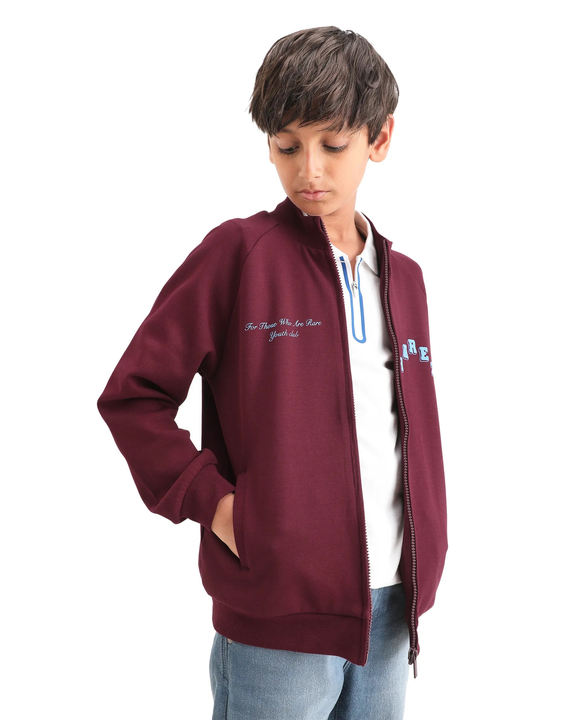 Rare Ones Kids Onyx Maroon Cotton Blend Zipper Closure Solid Full Sleeves Oversized Sweatshirt