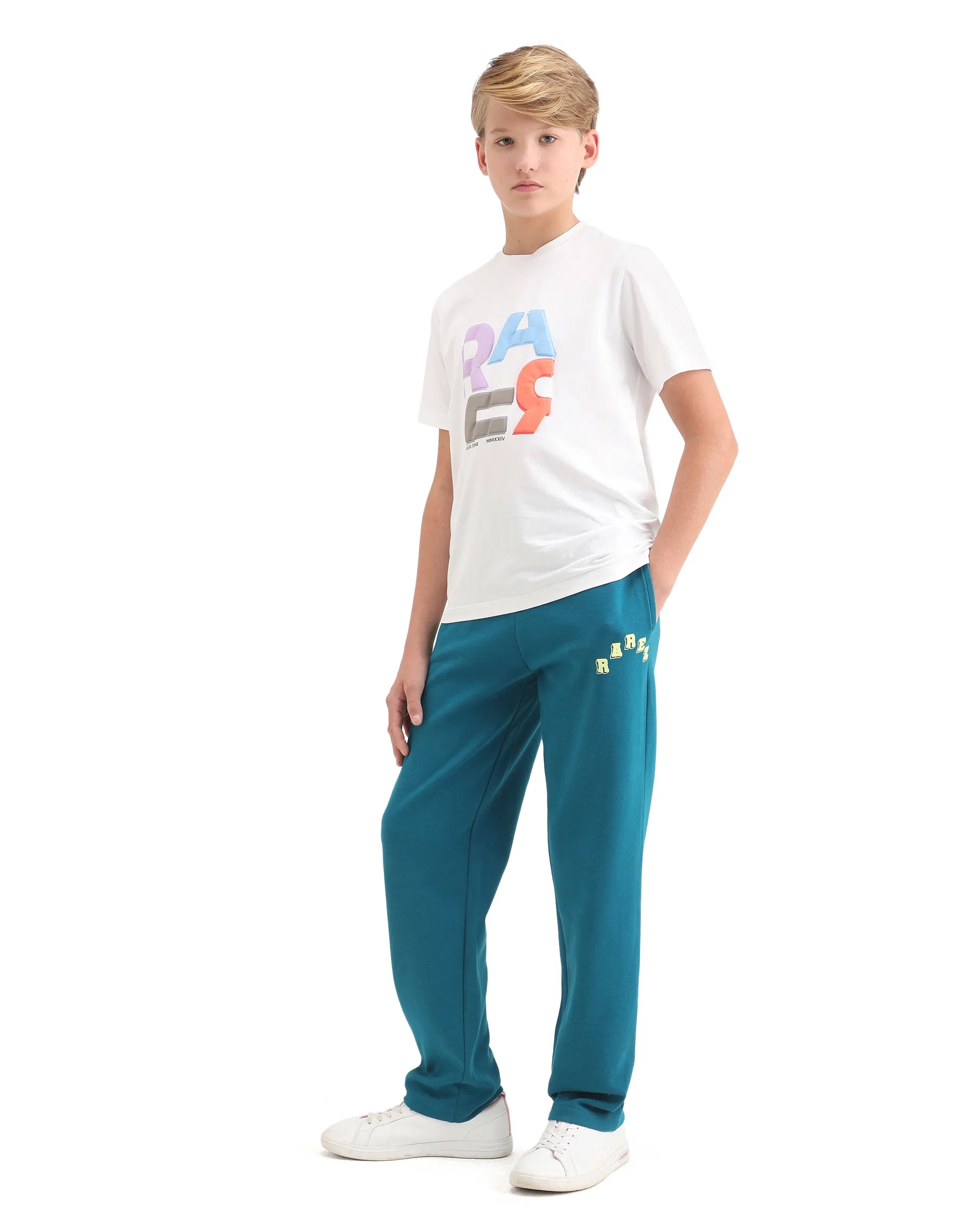 Rare Ones Kids Onyx-B Teal Cotton Blend Drawstring Closure Solid Straight Fit Trackpant