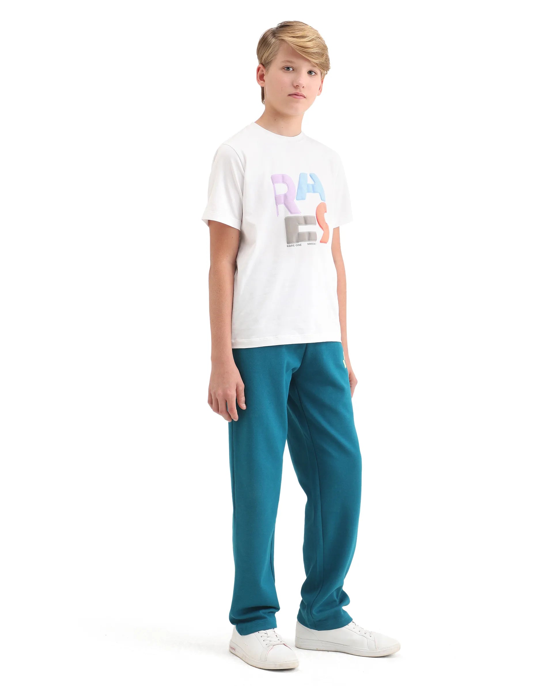 Rare Ones Kids Onyx-B Teal Cotton Blend Drawstring Closure Solid Straight Fit Trackpant