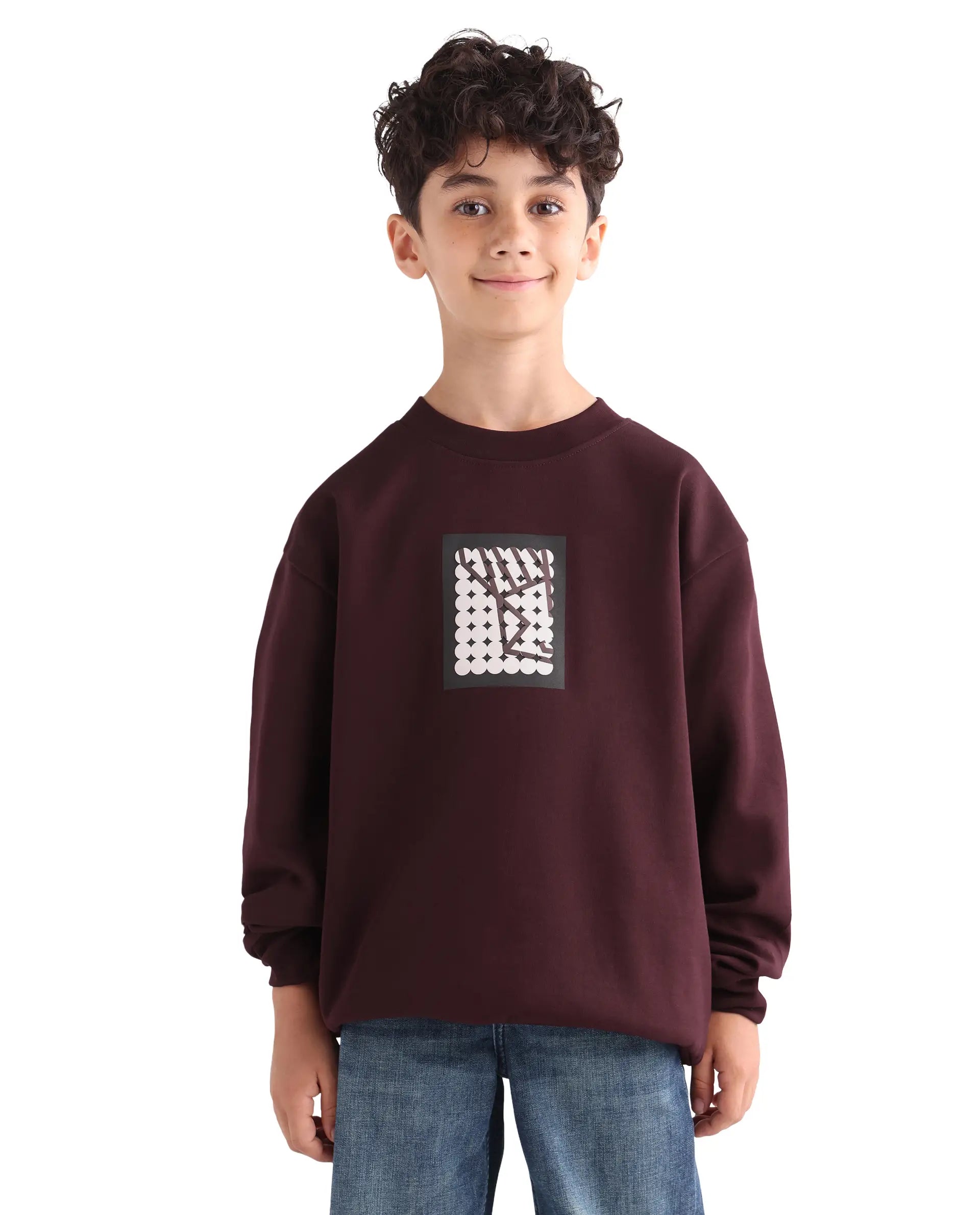 Rare Ones Kids Rune Dark Maroon Cotton Blend Pull-On Closure Solid Full Sleeves Oversized Sweatshirt