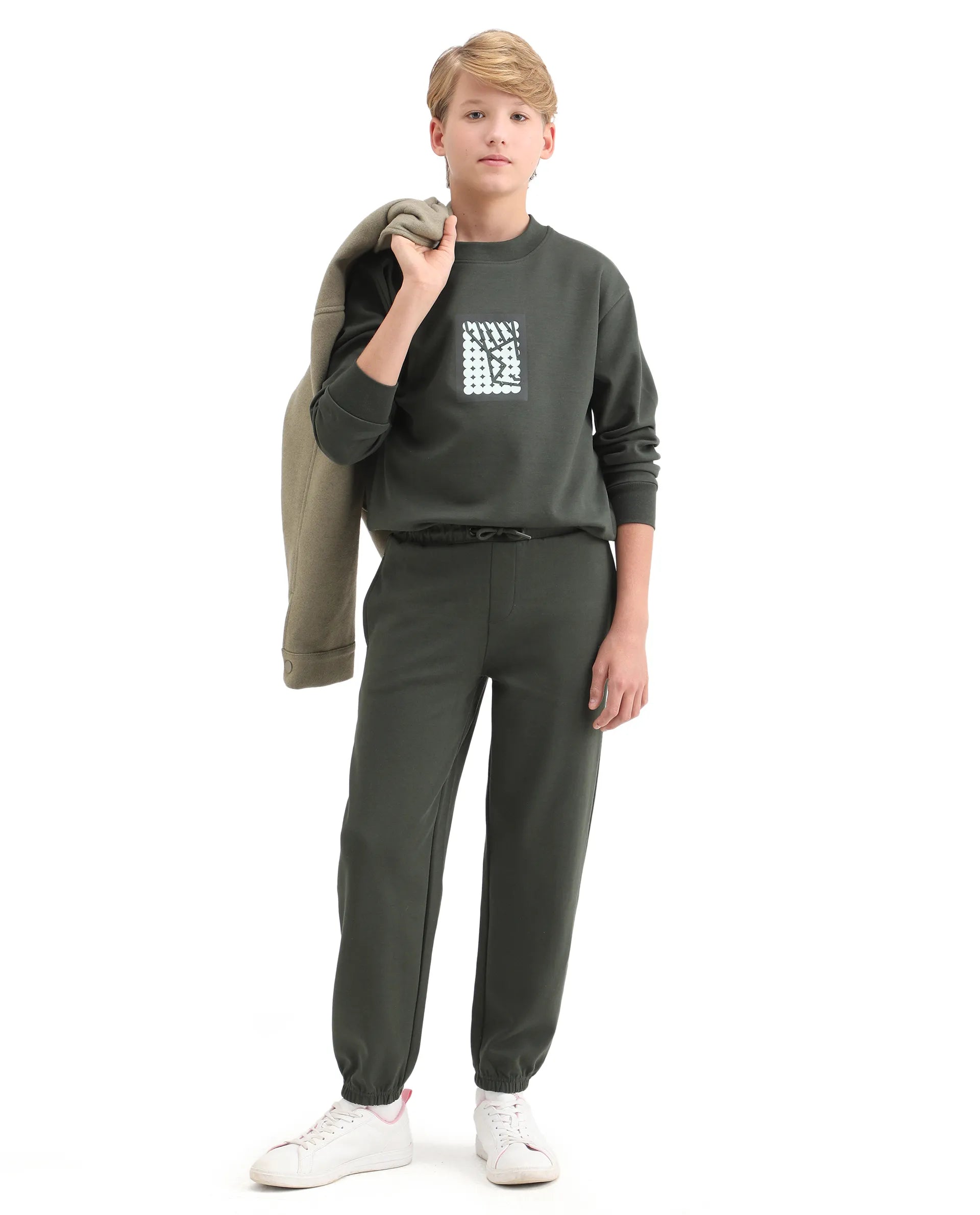 Rare Ones Kids Rune-B Olive Cotton Blend Drawstring Closure Solid Jogger Fit Trackpant
