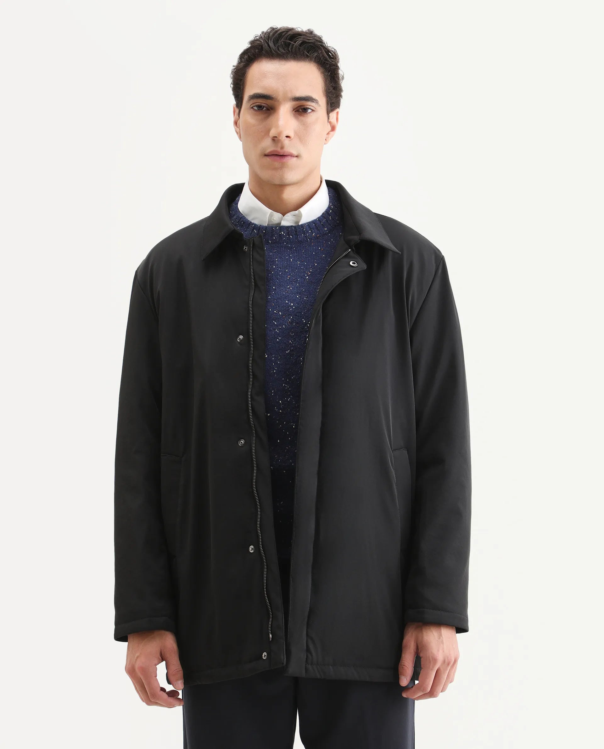 Rare Rabbit Men's Liem Black Nylon Blend Fabric Collared Neck Regular Fit Plain Coat