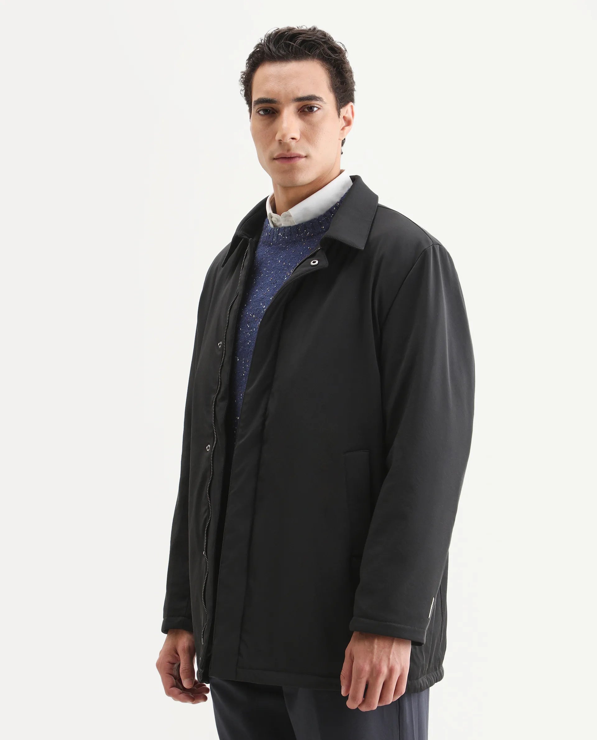 Rare Rabbit Men's Liem Black Nylon Blend Fabric Collared Neck Regular Fit Plain Coat