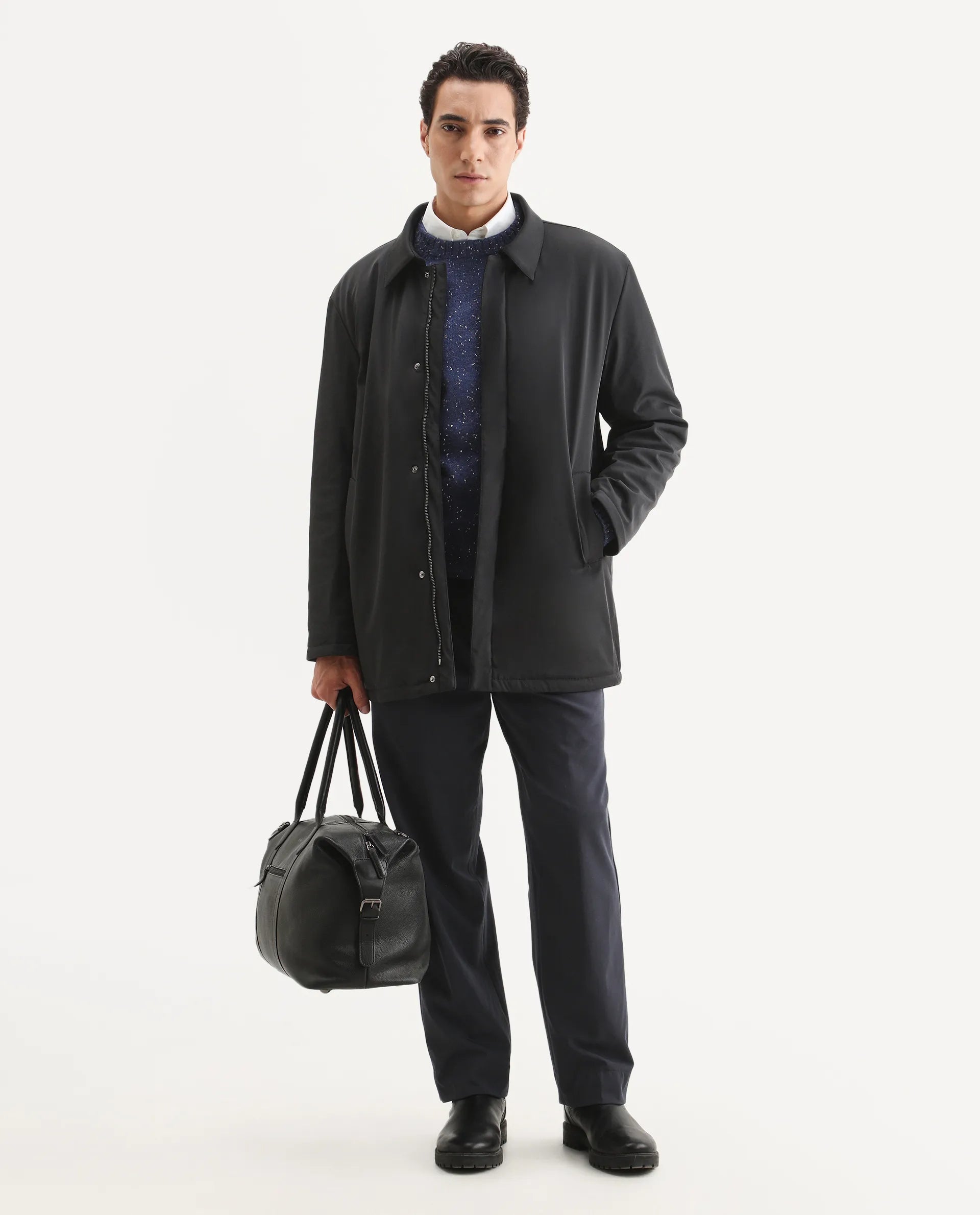 Rare Rabbit Men's Liem Black Nylon Blend Fabric Collared Neck Regular Fit Plain Coat