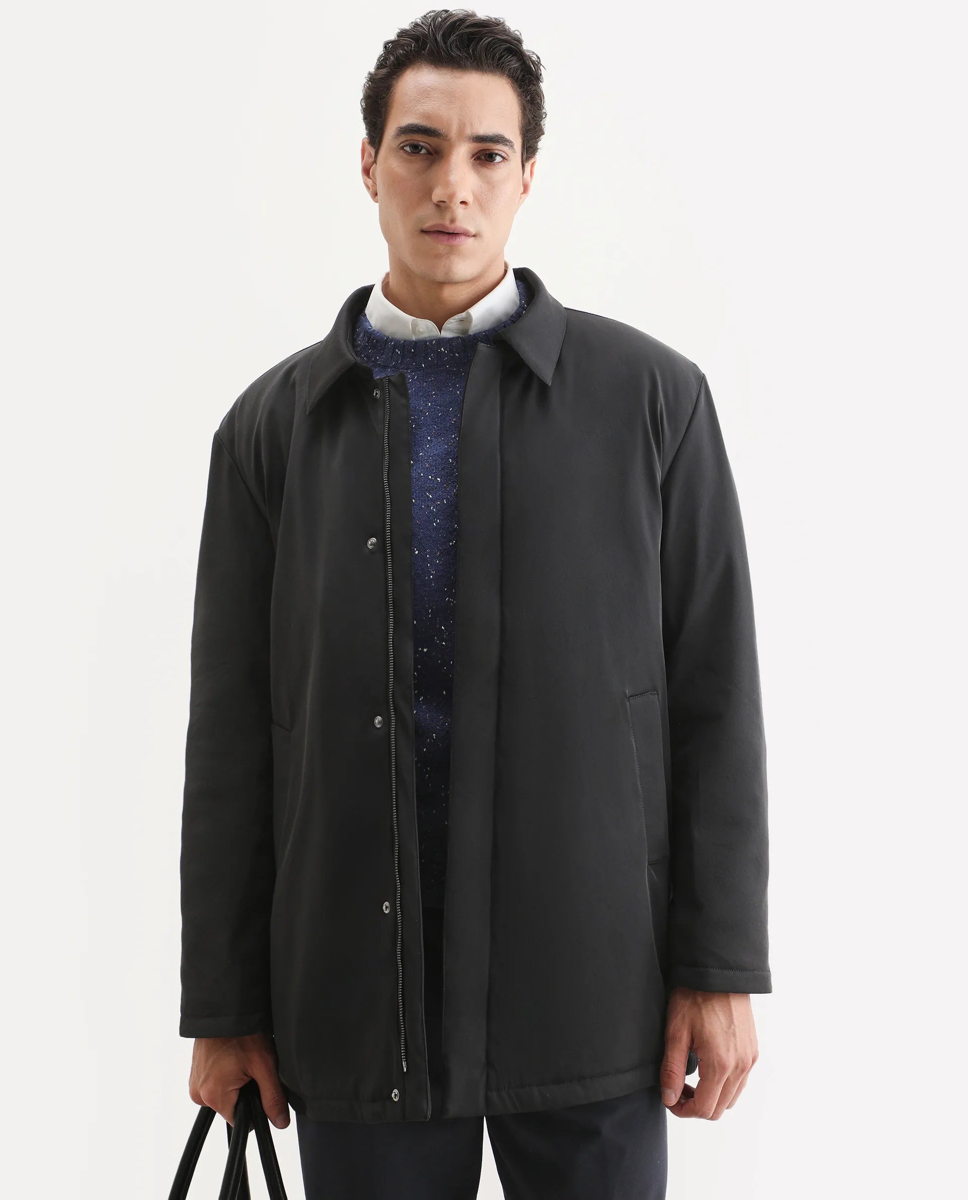 Rare Rabbit Men's Liem Black Nylon Blend Fabric Collared Neck Regular Fit Plain Coat
