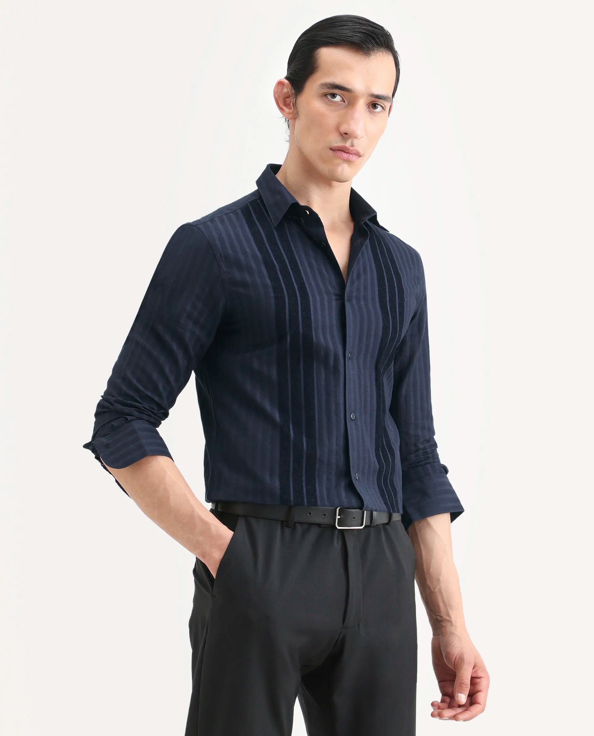 Rare Rabbit Men's Marlo-25 Navy Cotton Striped Print Regular Fit Full Sleeve Collared Shirt