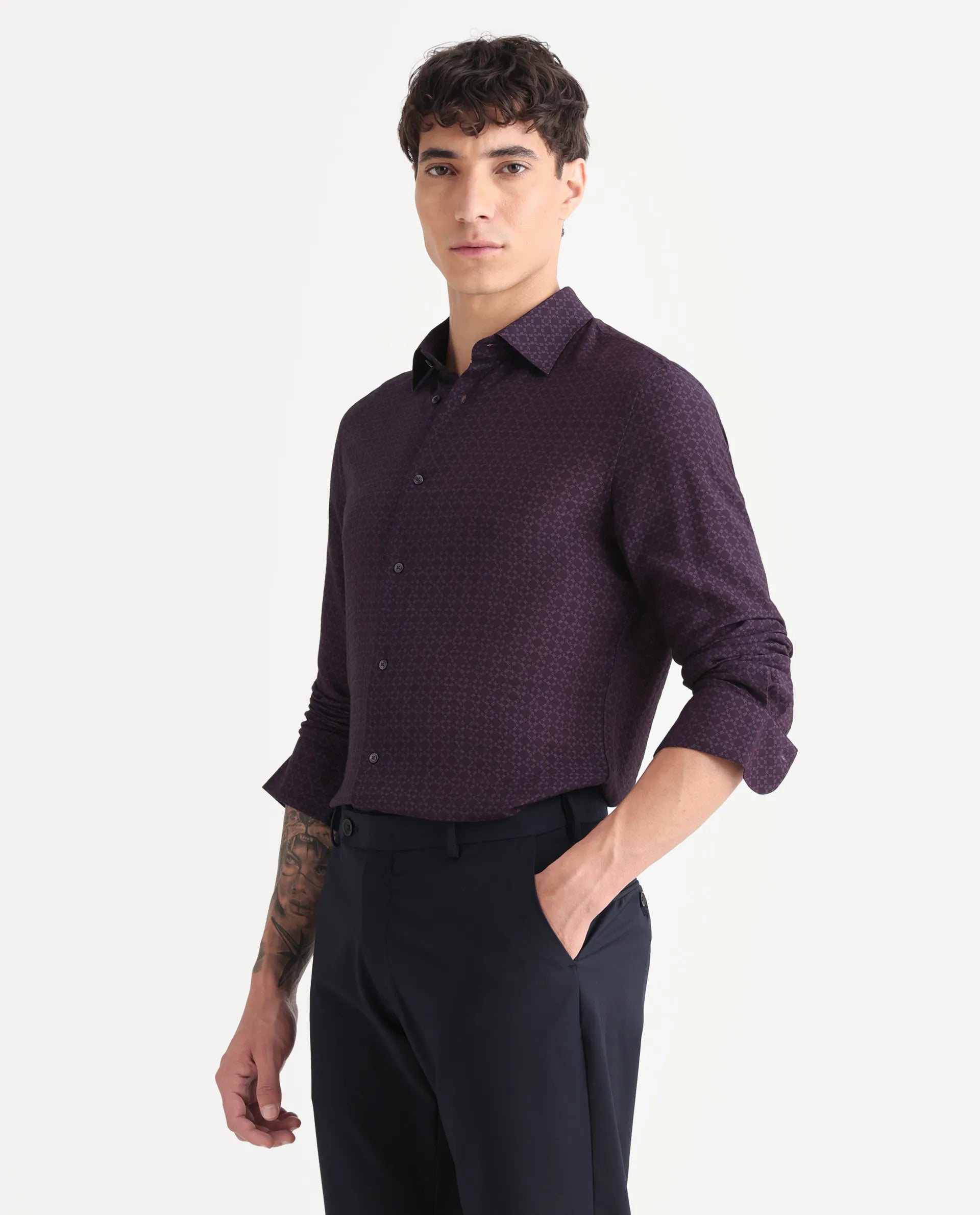 Rare Rabbit Men's Chas Dusky Purple Viscose Blend Monogram Print Regular Fit Full Sleeve Collared Shirt