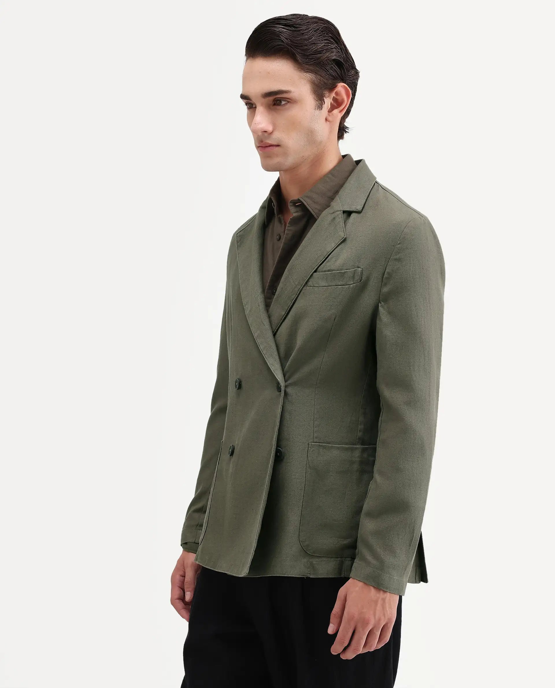 Rare Rabbit Men's Deb Dusky Olive Linen Blend Fabric Lapel Neck Tailored Fit Plain Blazer