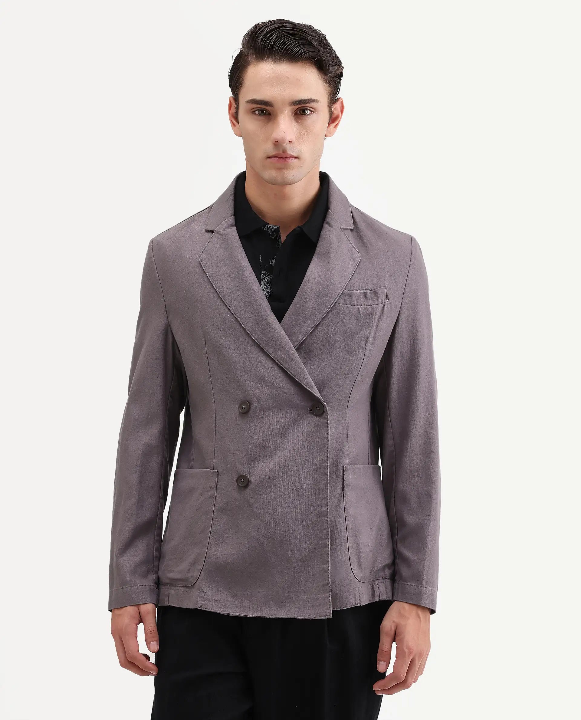 Rare Rabbit Men's Deb Grey Linen Blend Fabric Lapel Neck Tailored Fit Plain Blazer