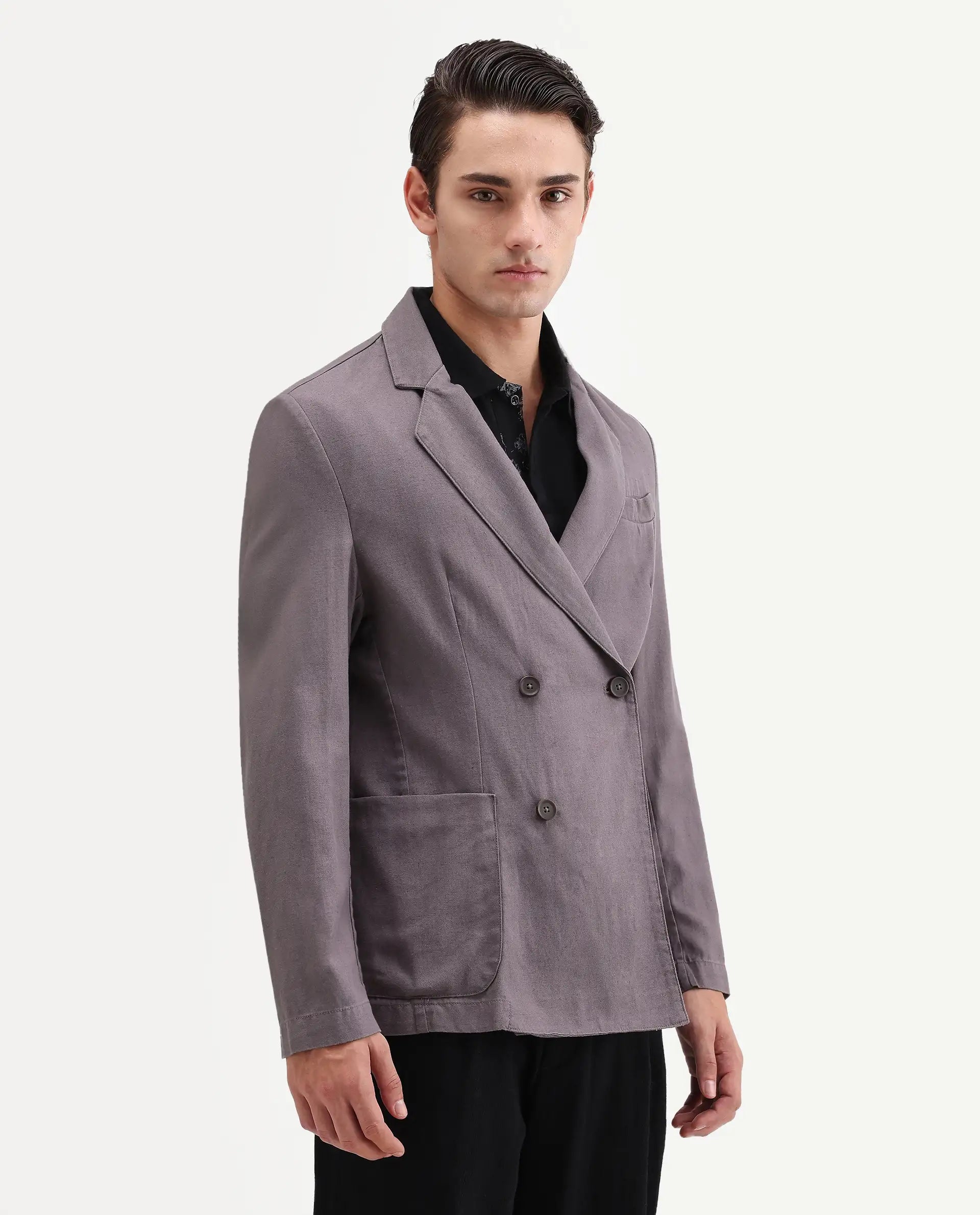 Rare Rabbit Men's Deb Grey Linen Blend Fabric Lapel Neck Tailored Fit Plain Blazer