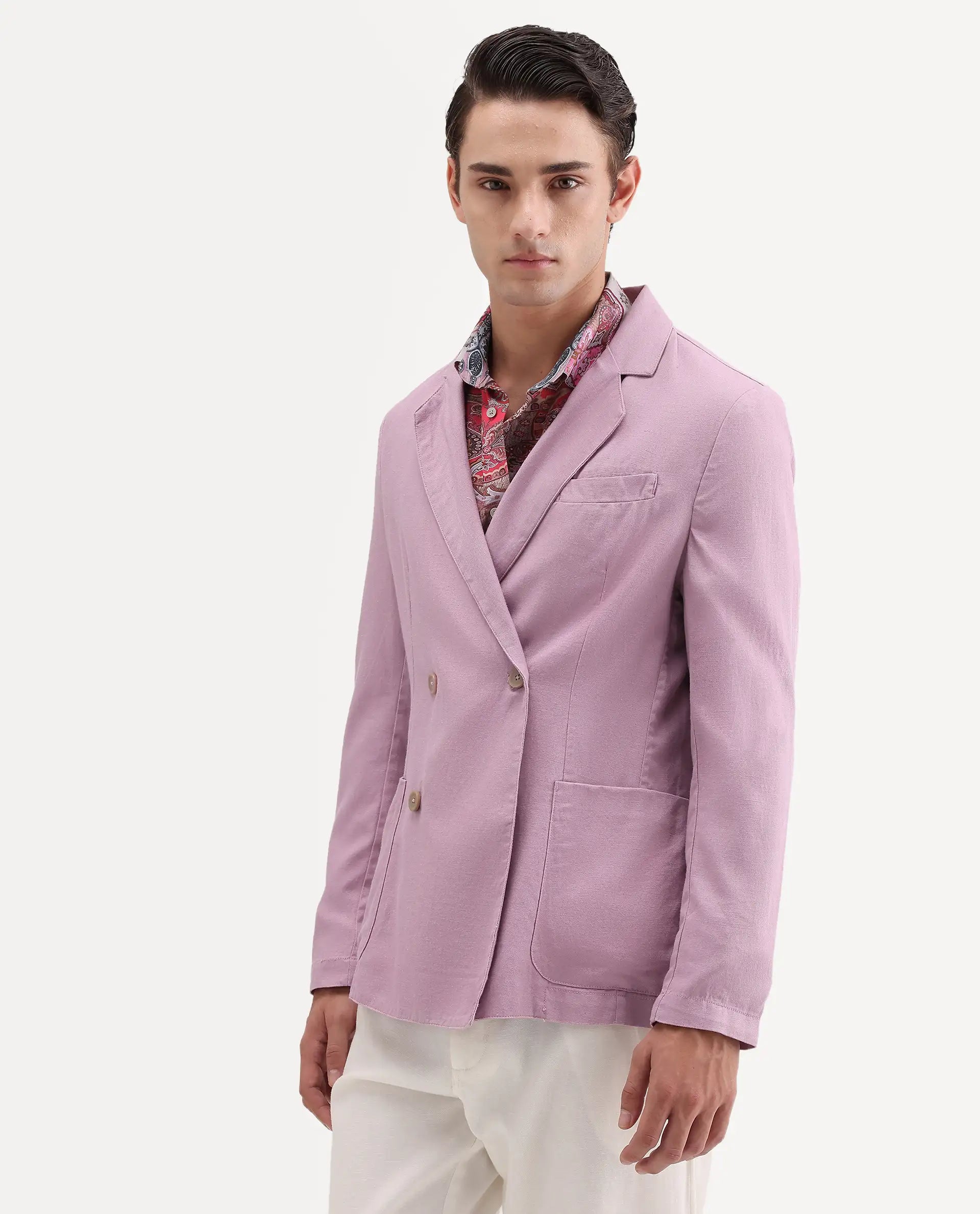 Rare Rabbit Men's Deb Dusky Pink Linen Blend Fabric Lapel Neck Tailored Fit Plain Blazer