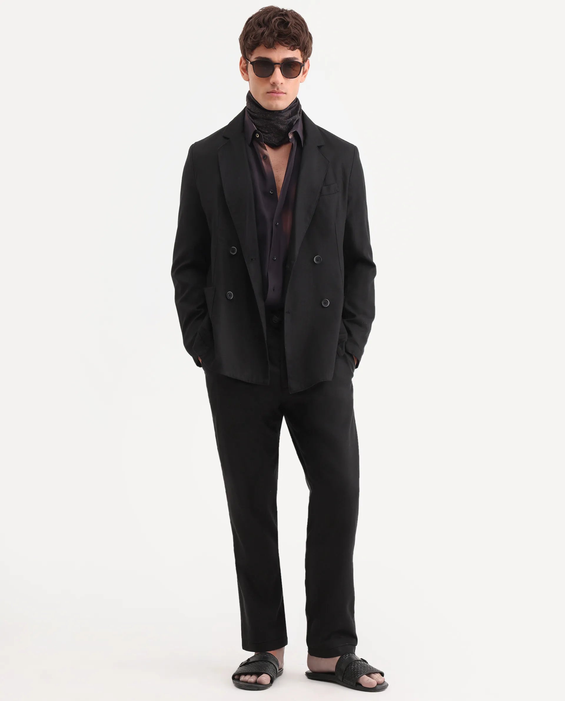 Rare Rabbit Men's Deb Black Linen Blend Fabric Lapel Neck Tailored Fit Plain Blazer