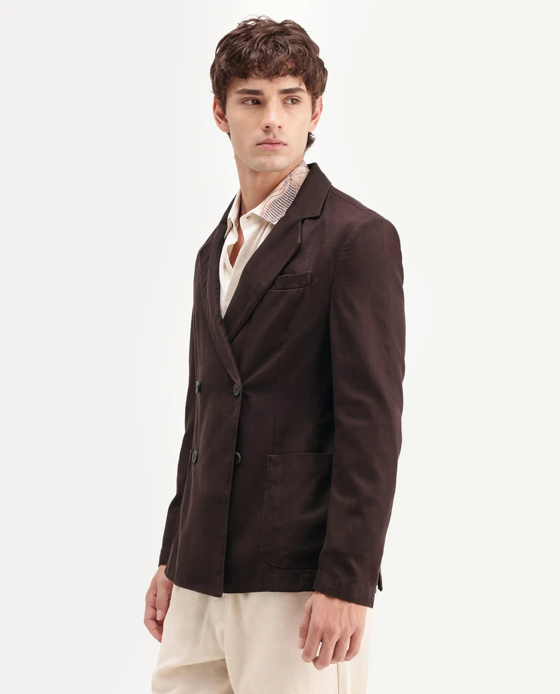 Rare Rabbit Men's Deb Dark Brown Linen Blend Fabric Lapel Neck Tailored Fit Plain Blazer