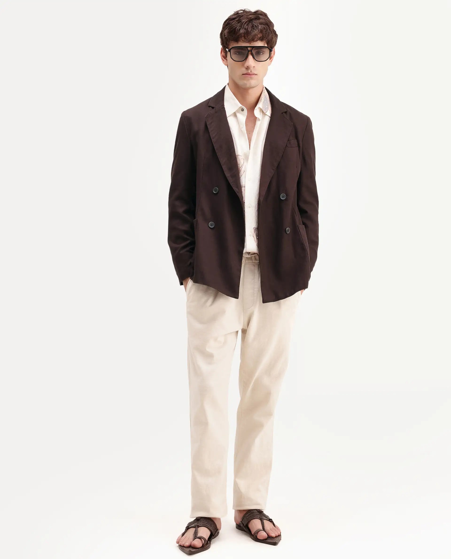 Rare Rabbit Men's Deb Dark Brown Linen Blend Fabric Lapel Neck Tailored Fit Plain Blazer