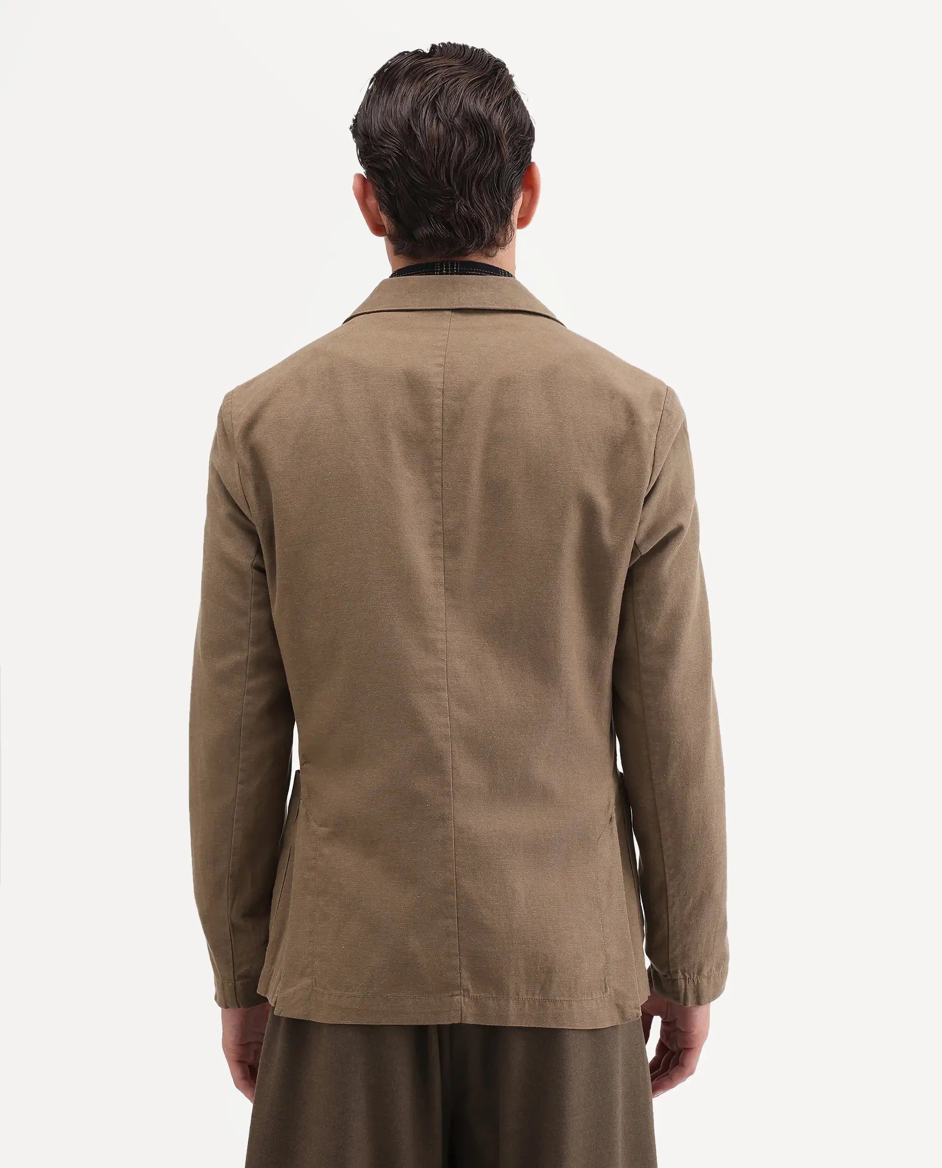 Rare Rabbit Men's Deb Khaki Linen Blend Fabric Lapel Neck Tailored Fit Plain Blazer