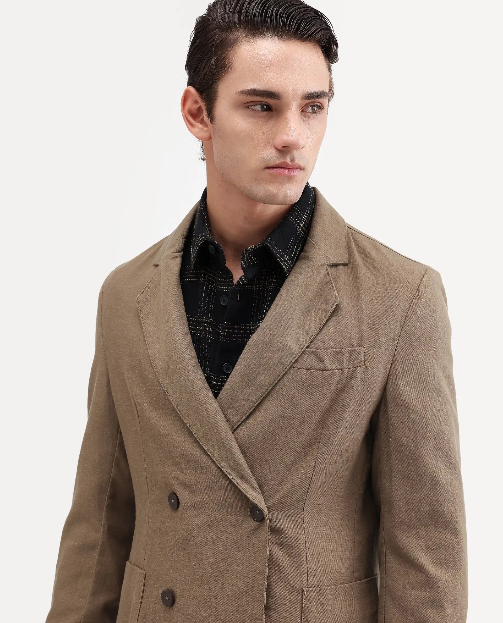 Rare Rabbit Men's Deb Khaki Linen Blend Fabric Lapel Neck Tailored Fit Plain Blazer