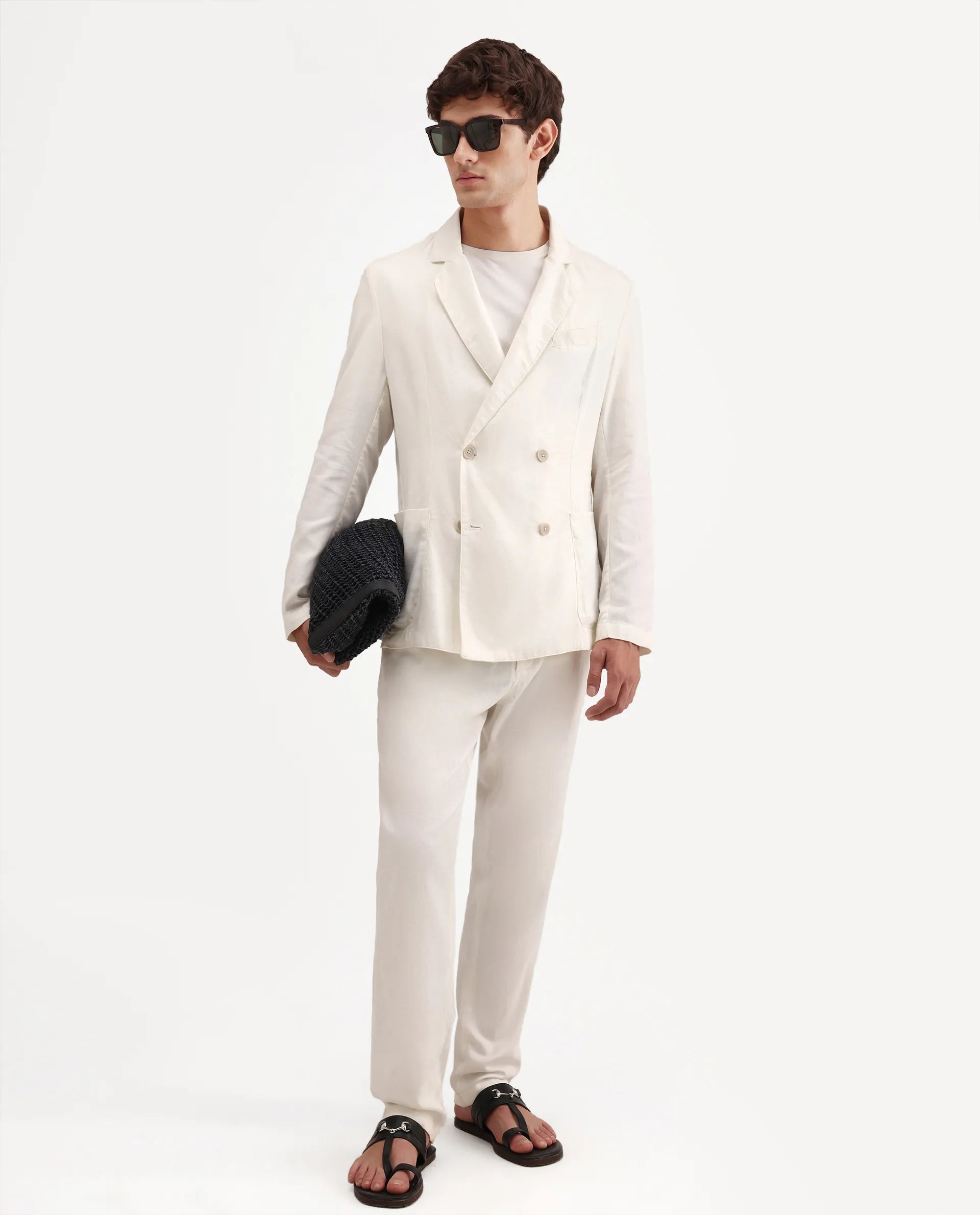 Rare Rabbit Men's Deb Off White Linen Blend Fabric Lapel Neck Tailored Fit Plain Blazer