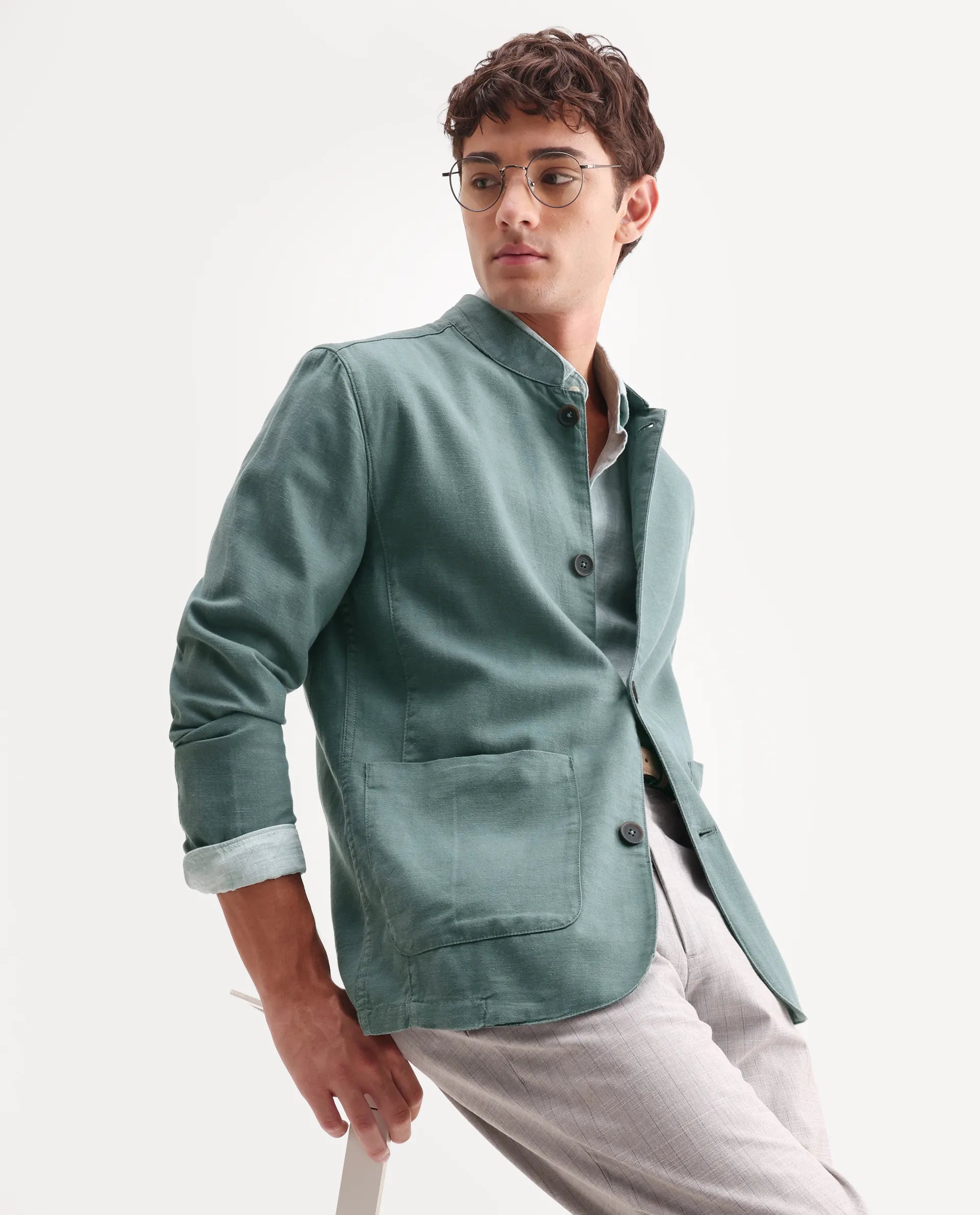 Rare Rabbit Men's Bela Dusky Green Linen Blend Fabric Mandarin Collar Neck Tailored Fit Coat