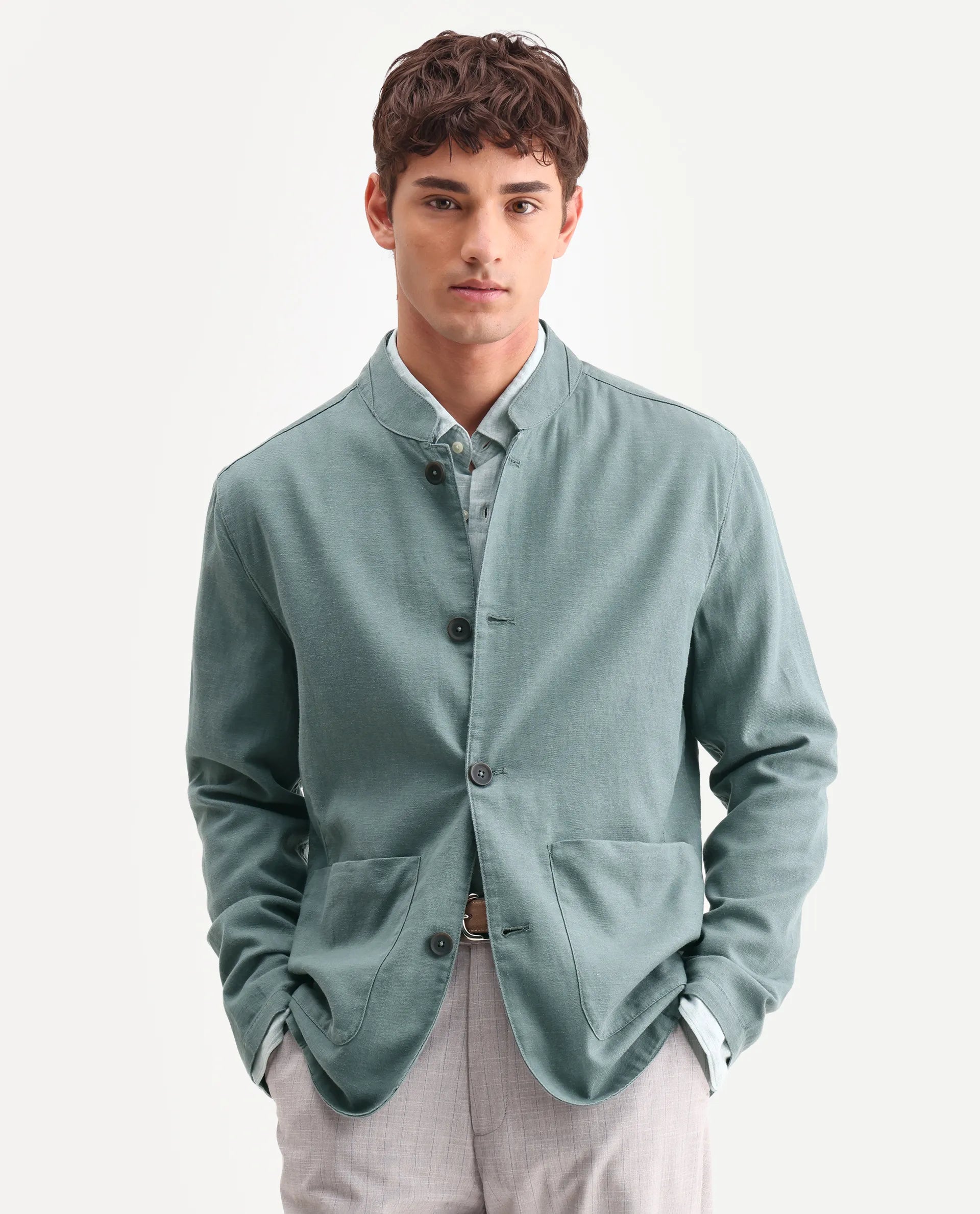 Rare Rabbit Men's Bela Dusky Green Linen Blend Fabric Mandarin Collar Neck Tailored Fit Coat