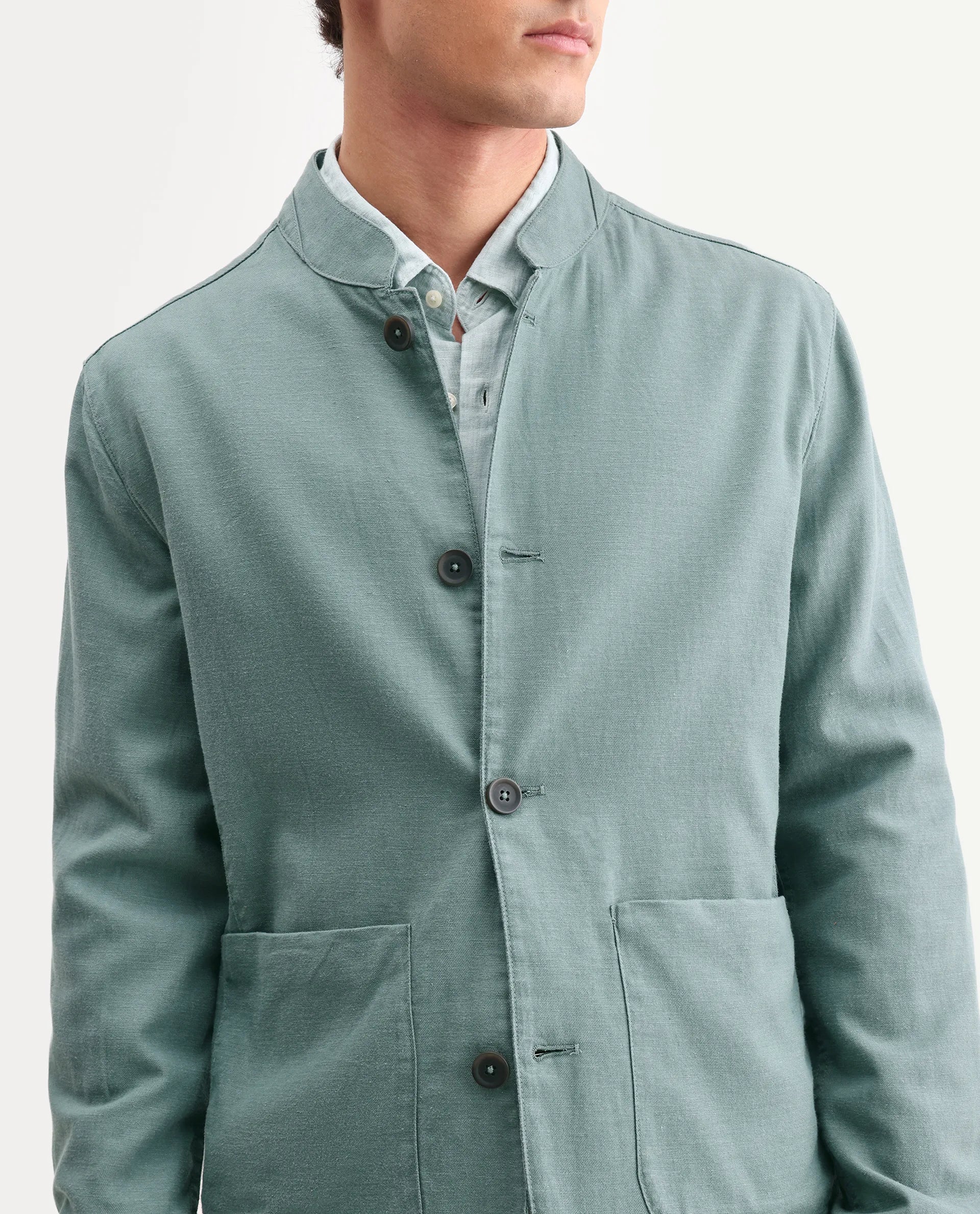 Rare Rabbit Men's Bela Dusky Green Linen Blend Fabric Mandarin Collar Neck Tailored Fit Coat