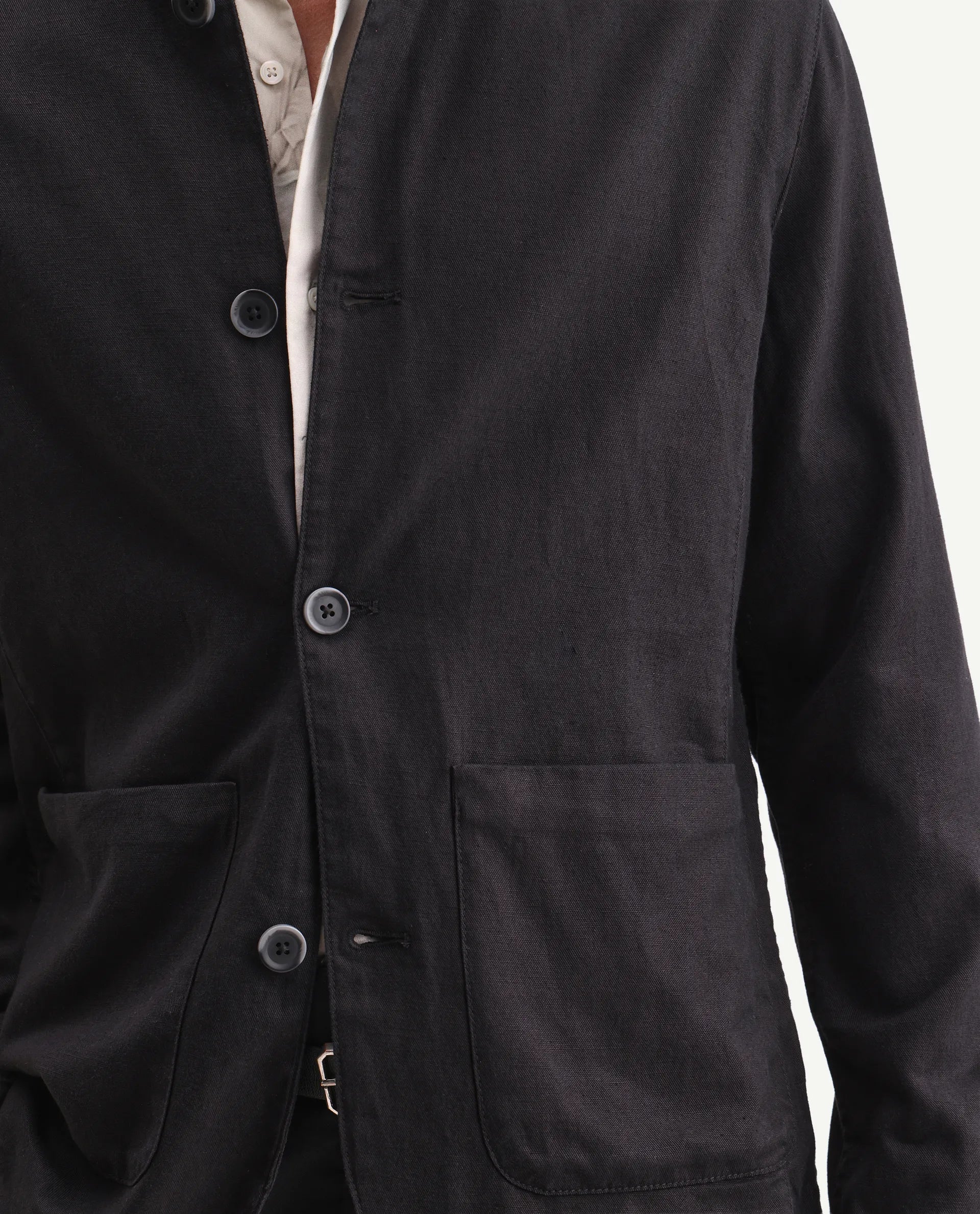 Rare Rabbit Men's Bela Black Linen Blend Fabric Mandarin Collar Neck Tailored Fit Coat