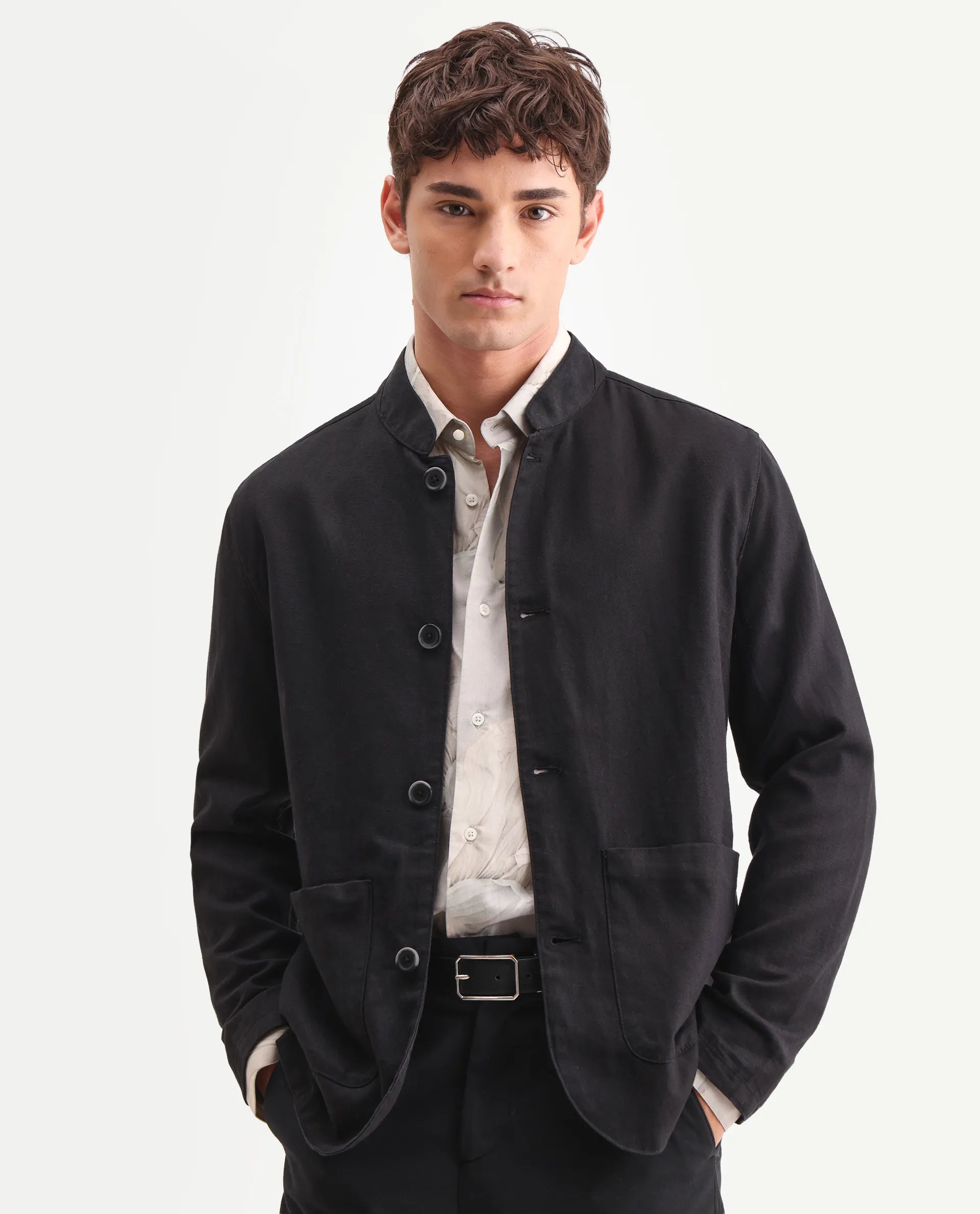 Rare Rabbit Men's Bela Black Linen Blend Fabric Mandarin Collar Neck Tailored Fit Coat