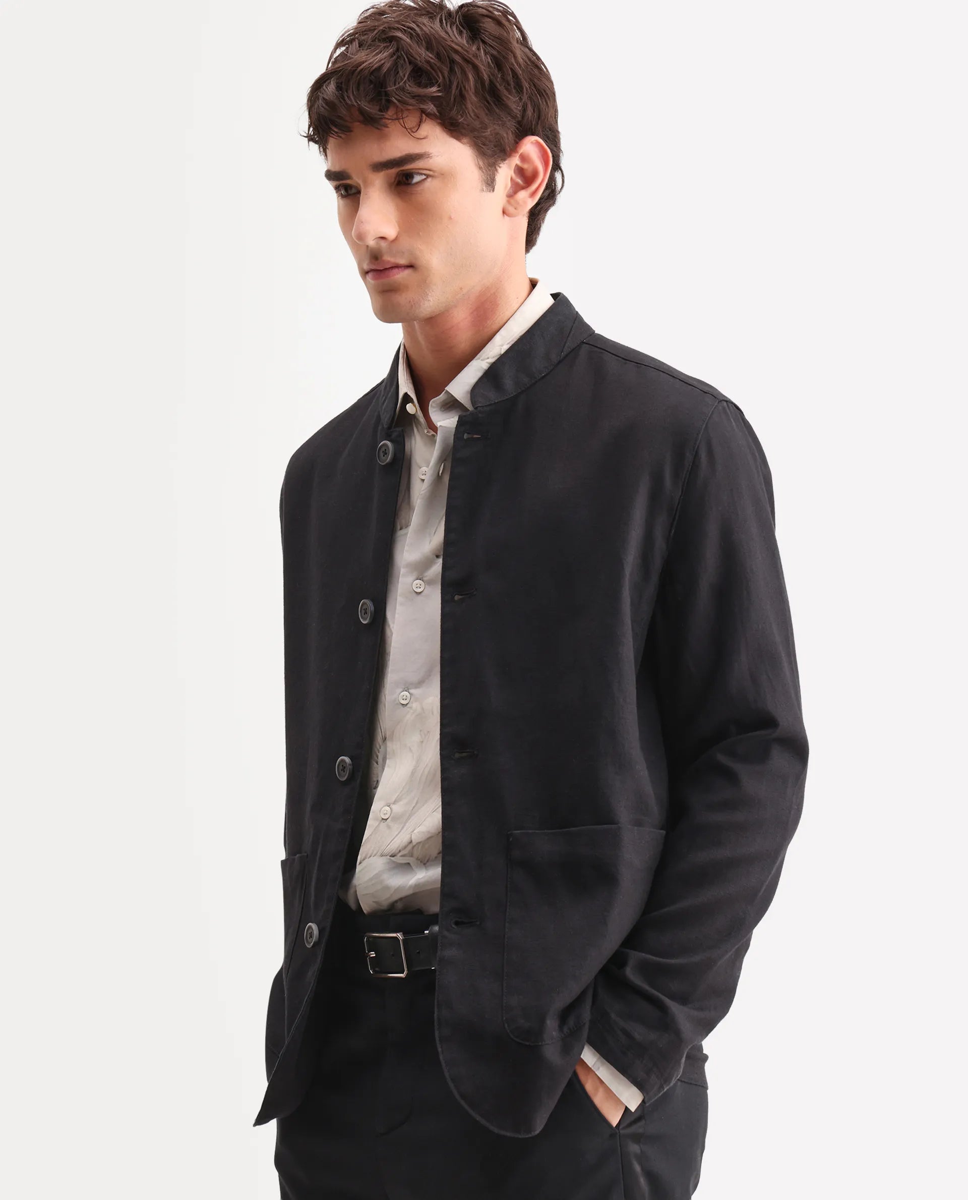 Rare Rabbit Men's Bela Black Linen Blend Fabric Mandarin Collar Neck Tailored Fit Coat