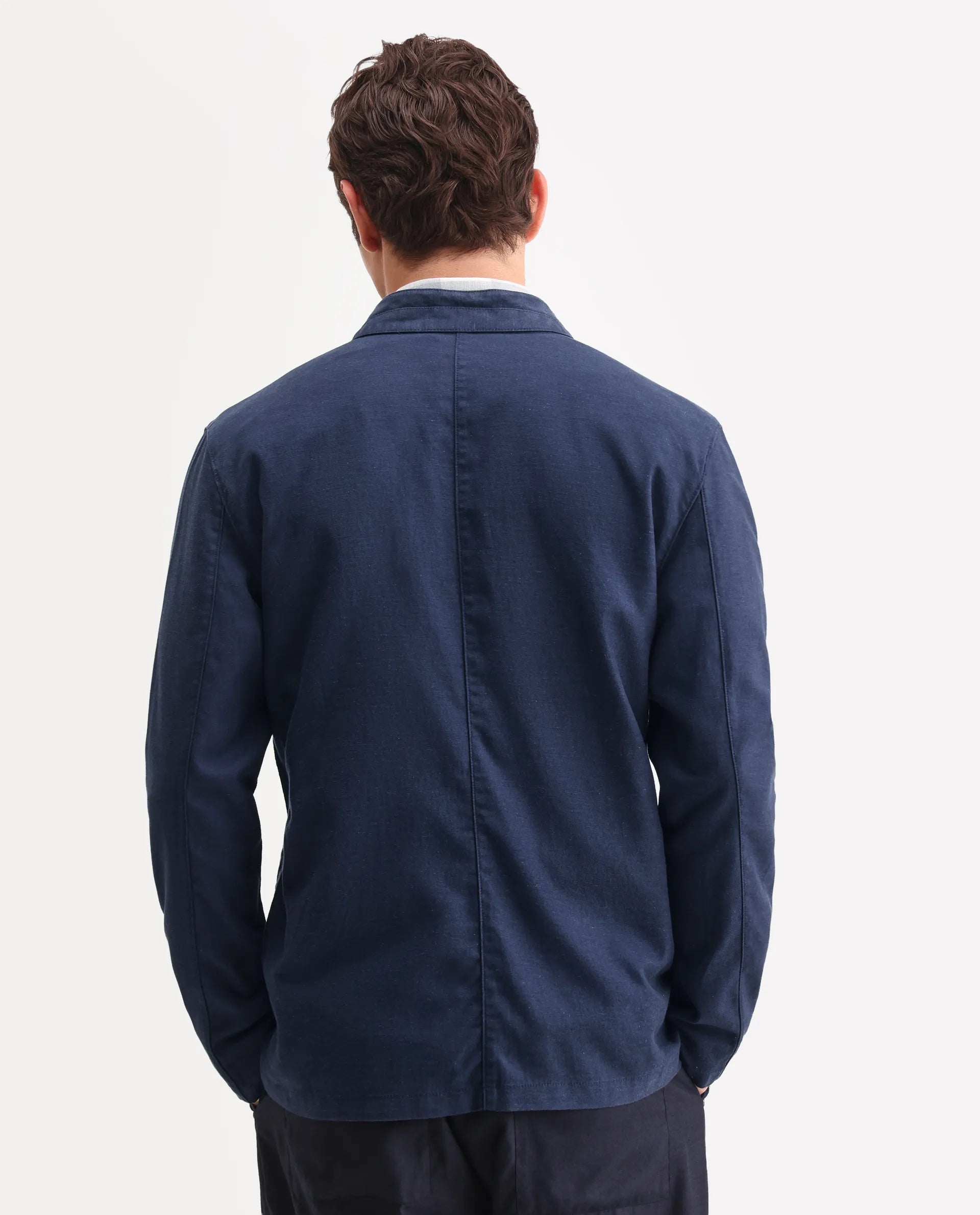 Rare Rabbit Men's Bela Navy Linen Blend Fabric Mandarin Collar Neck Tailored Fit Coat