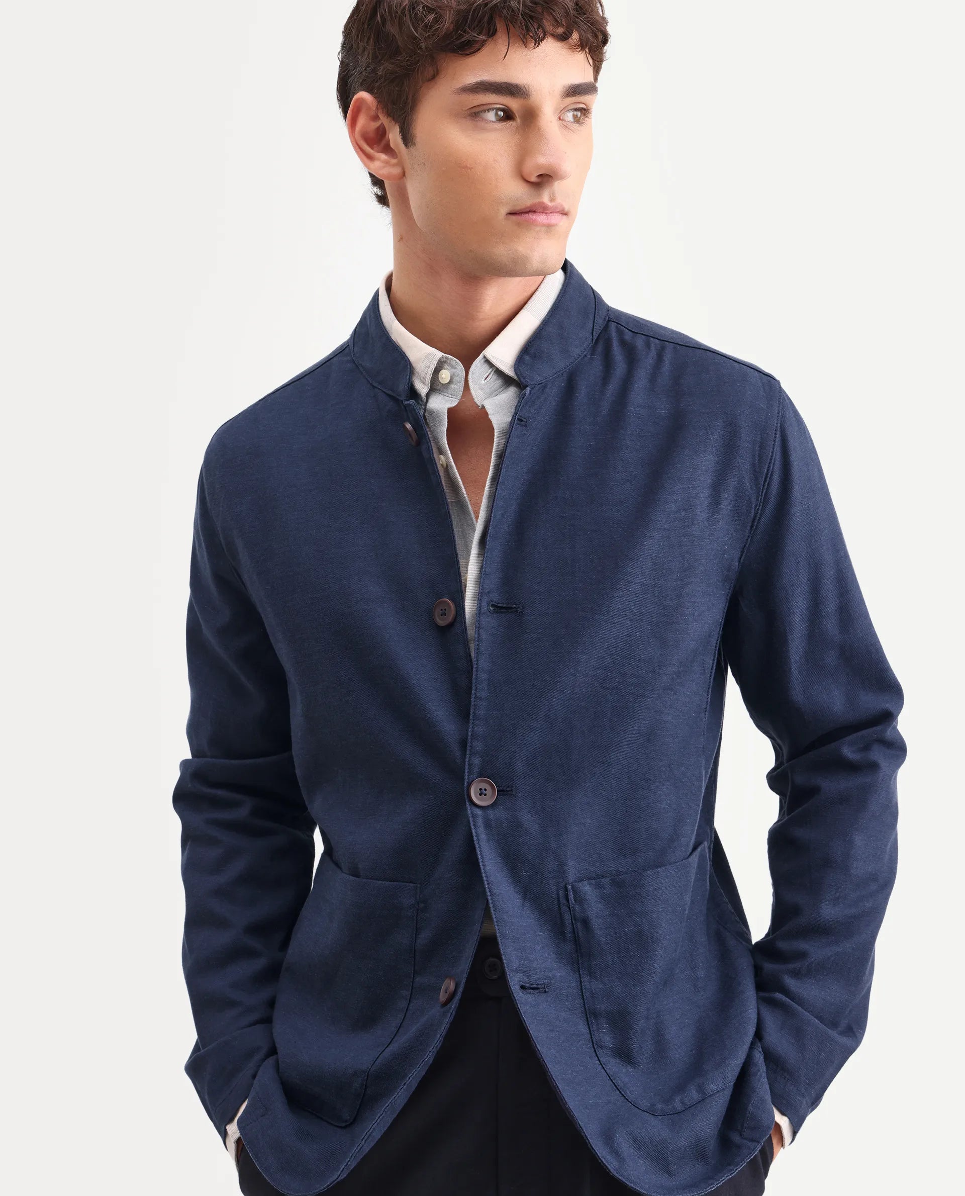 Rare Rabbit Men's Bela Navy Linen Blend Fabric Mandarin Collar Neck Tailored Fit Coat