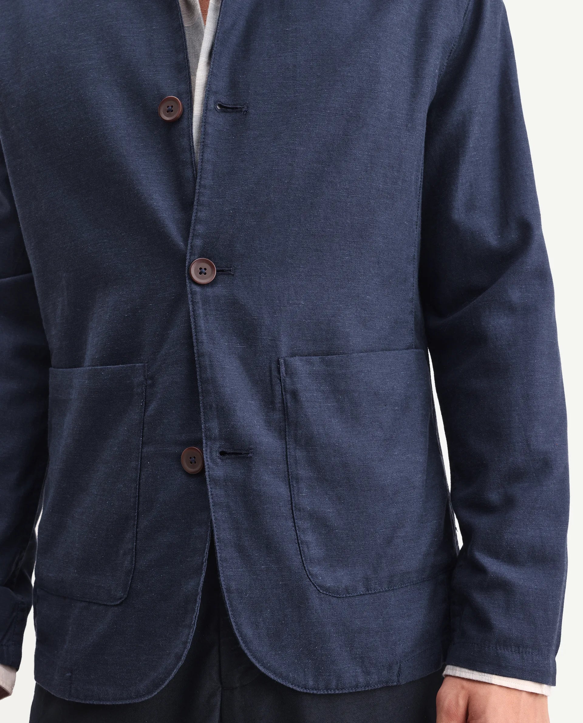 Rare Rabbit Men's Bela Navy Linen Blend Fabric Mandarin Collar Neck Tailored Fit Coat