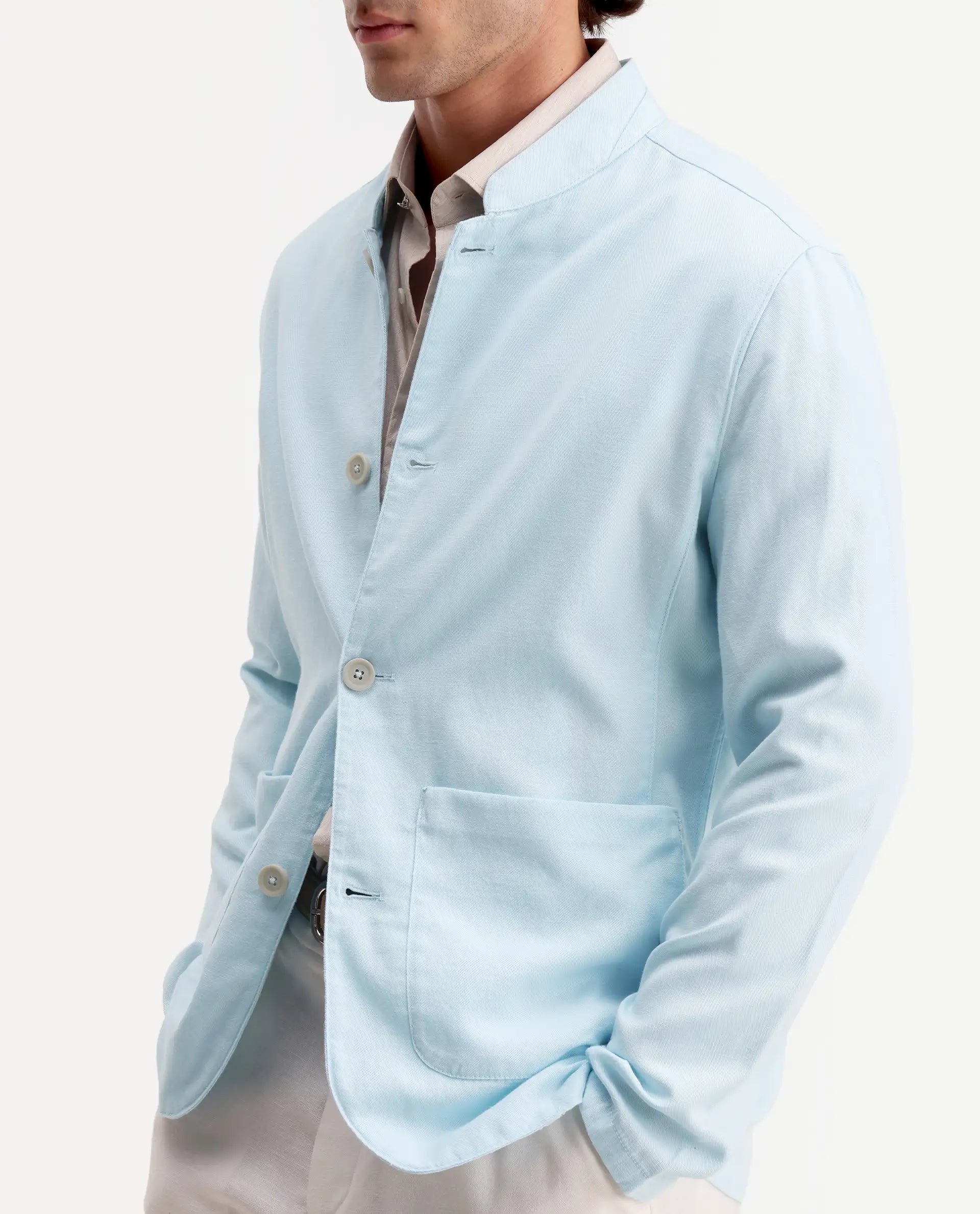 Rare Rabbit Men's Bela Aqua Linen Blend Fabric Mandarin Collar Neck Tailored Fit Coat