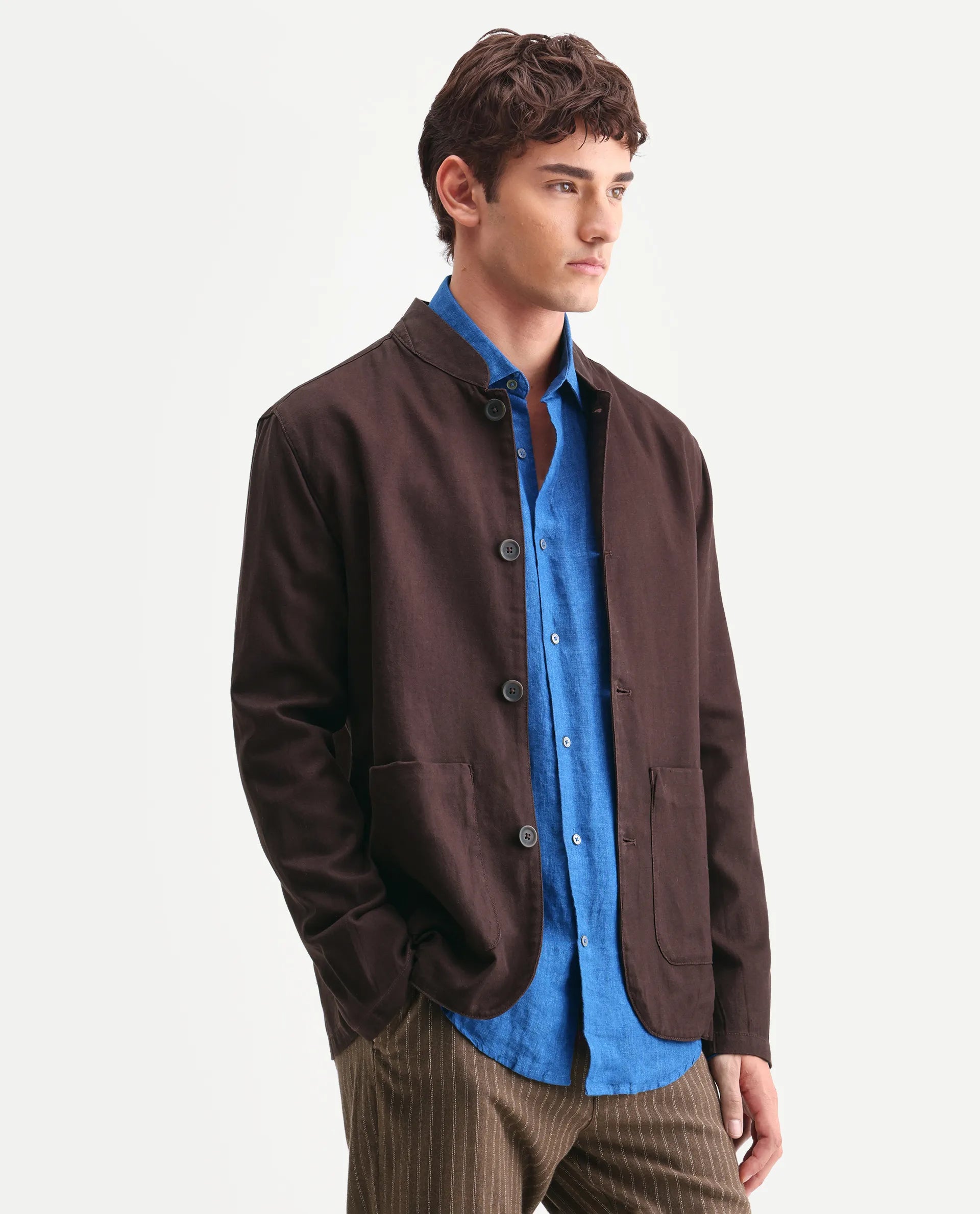 Rare Rabbit Men's Bela Dark Brown Linen Blend Fabric Mandarin Collar Neck Tailored Fit Coat